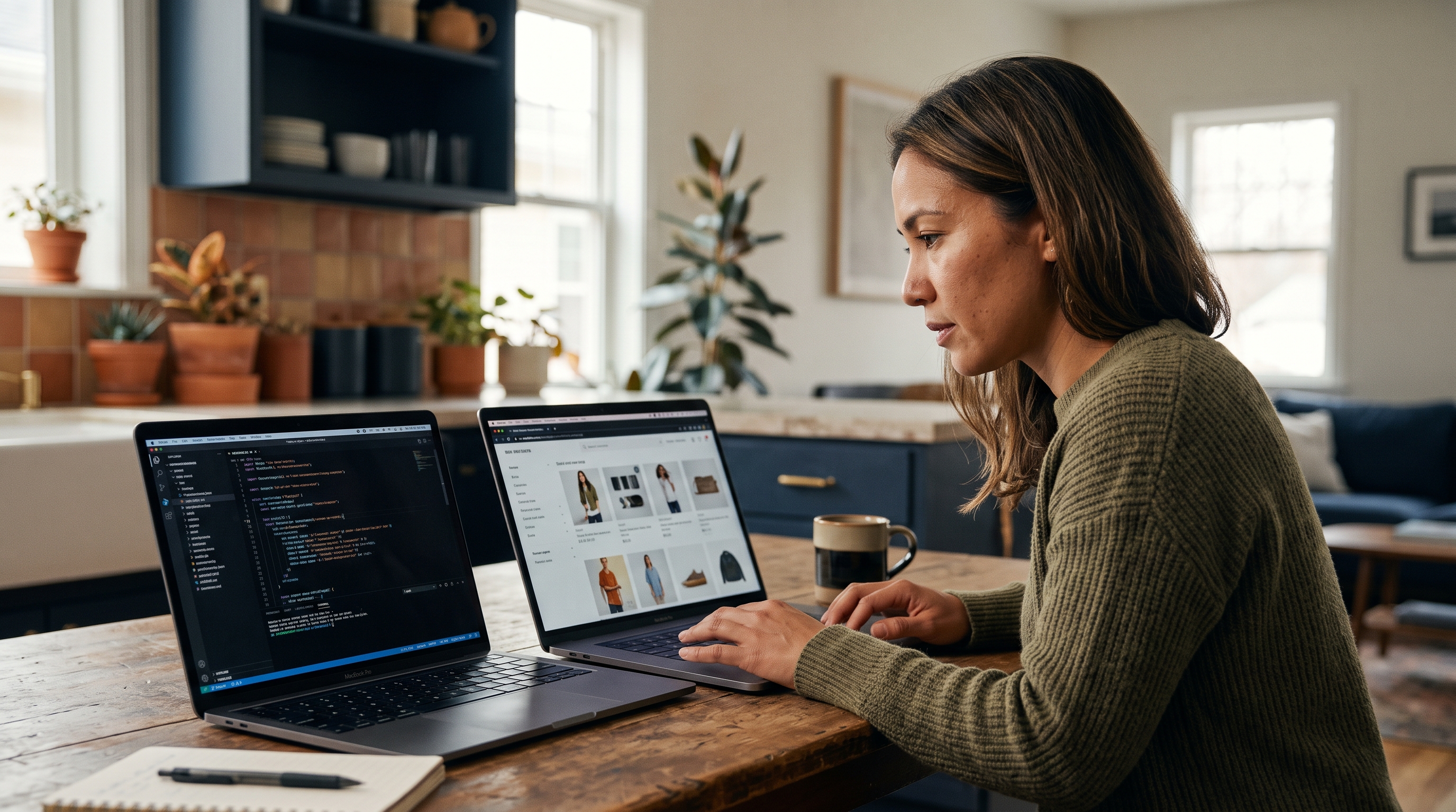 Founder comparing two laptops side by side at a kitchen table, one showing raw code and one showing a live storefront