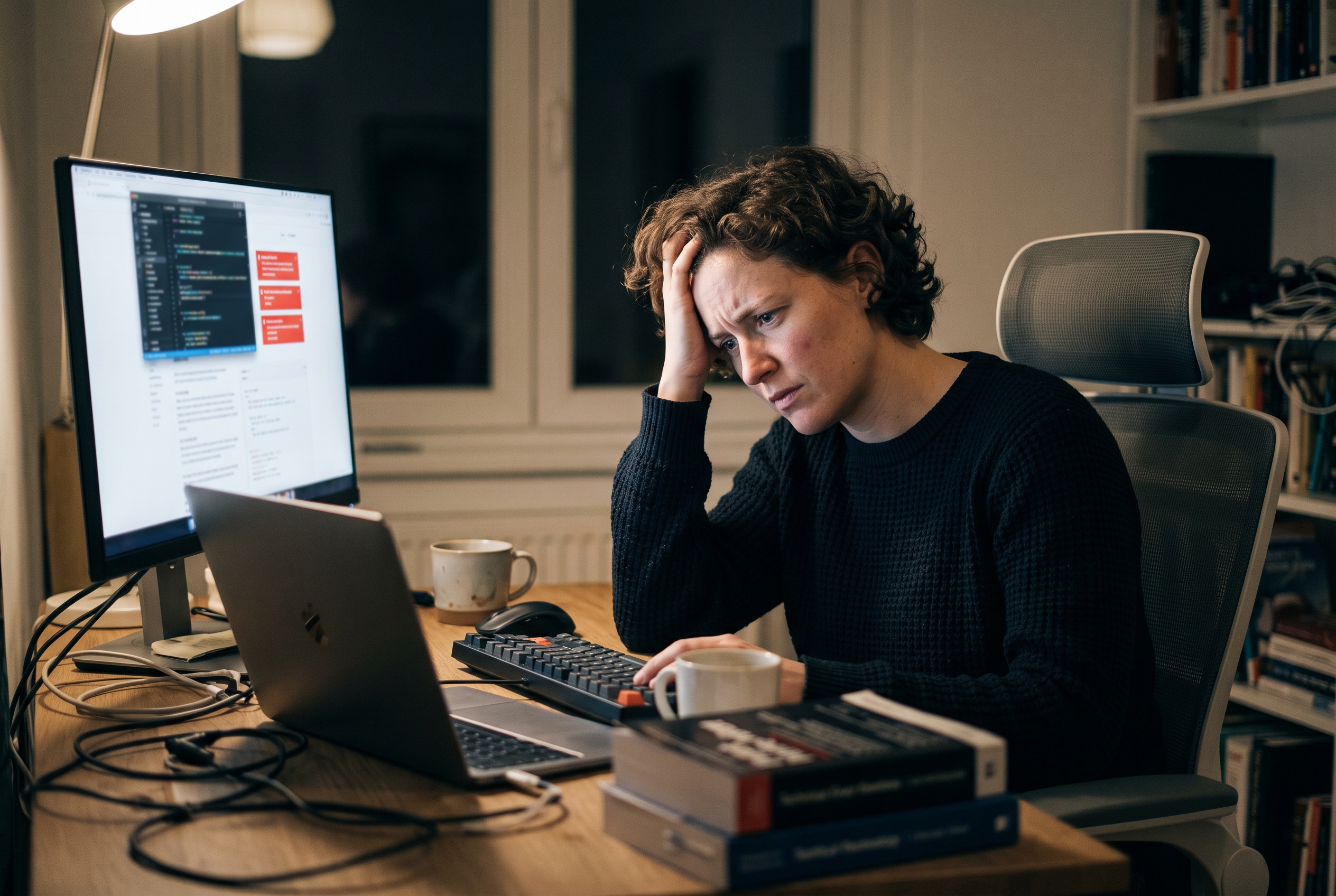 Developer looking frustrated at a monitor full of error messages late at night in a dim home office