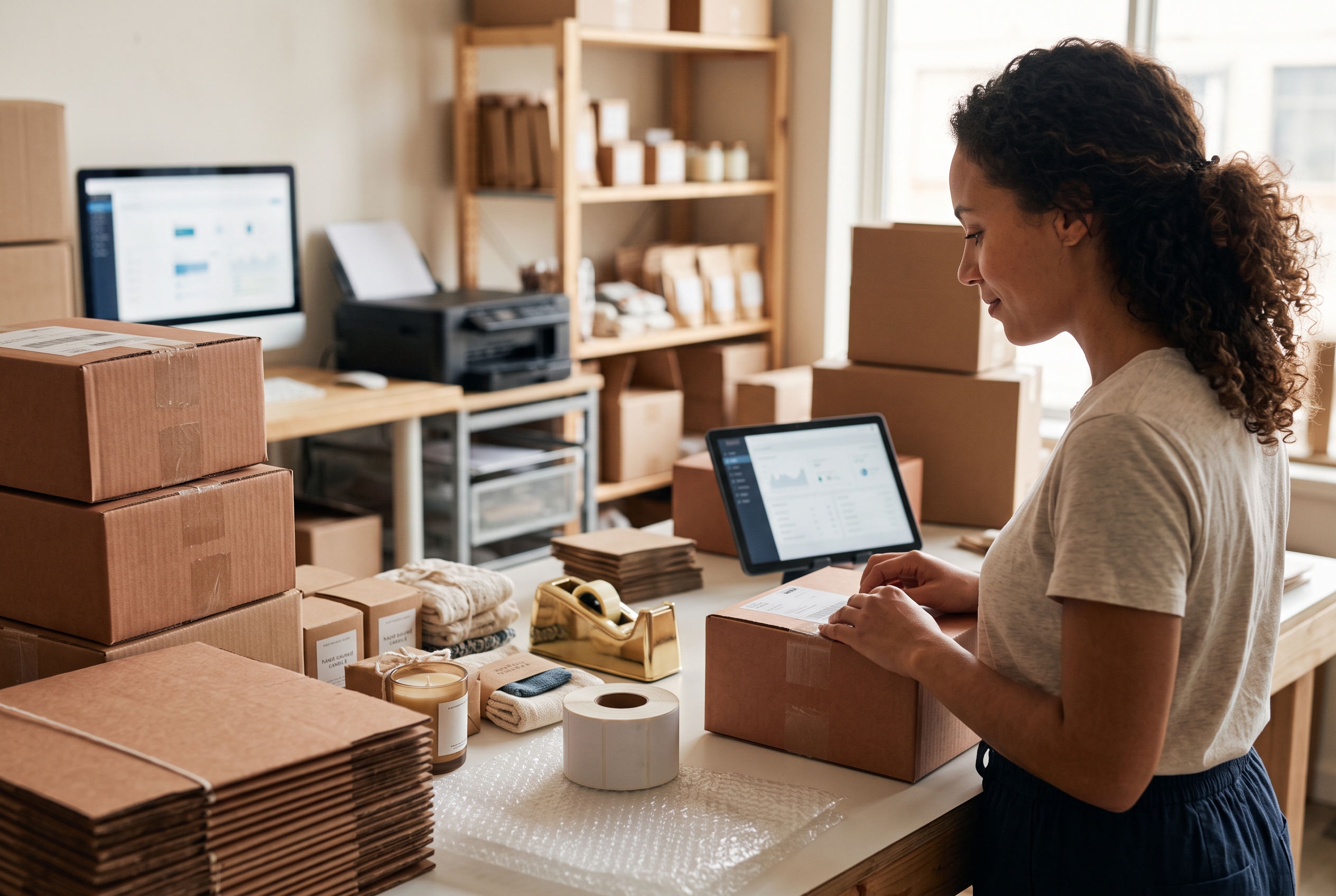 Small business owner packing orders into shipping boxes on a workbench while checking a sales dashboard on a tablet