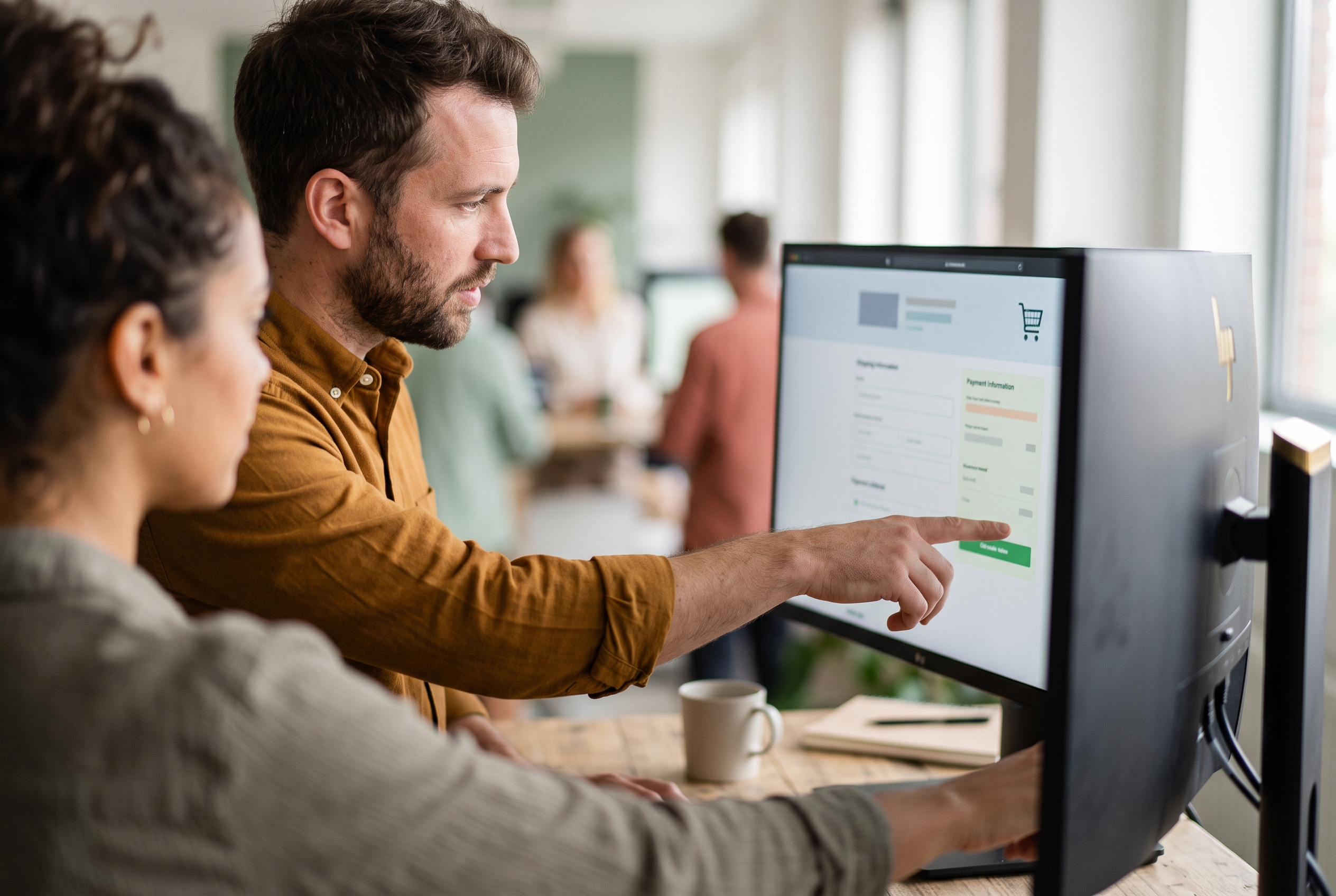 Two co-founders reviewing a live store on a wide monitor in a bright office, one pointing at the checkout page