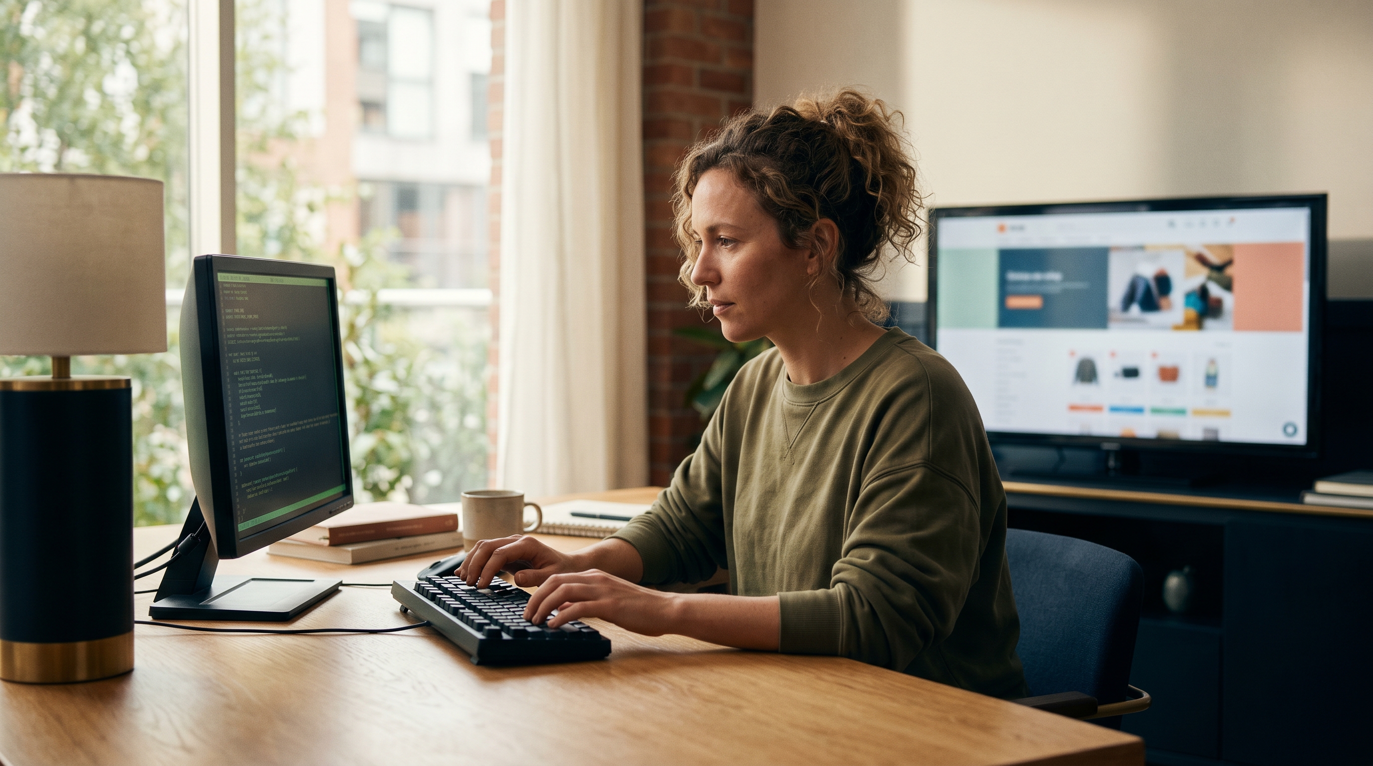 Founder typing a business description into a glowing terminal as a complete online storefront materializes on a second monitor