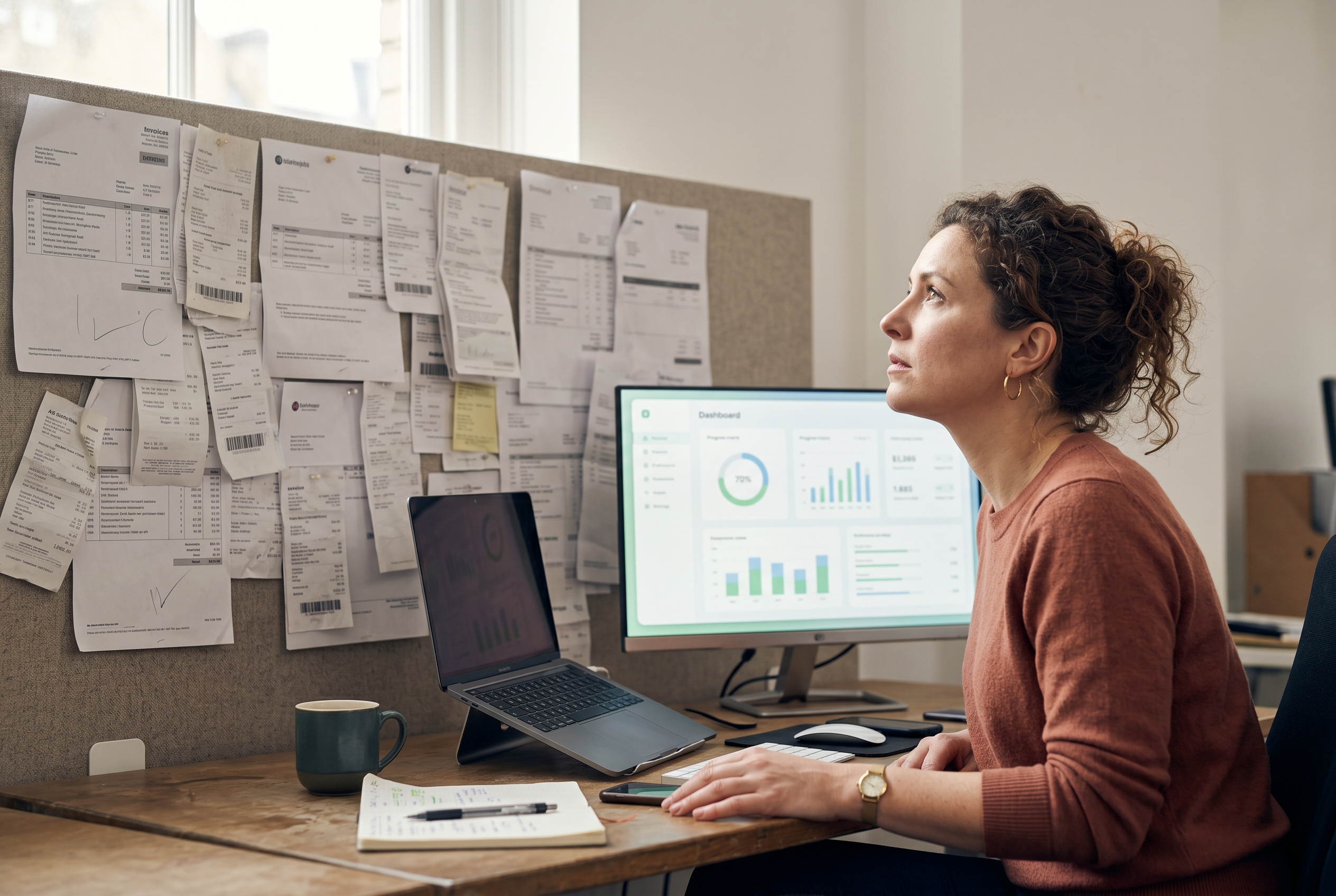 Small business owner staring at a wall of overlapping app subscription invoices while a single clean AI dashboard glows in front of her