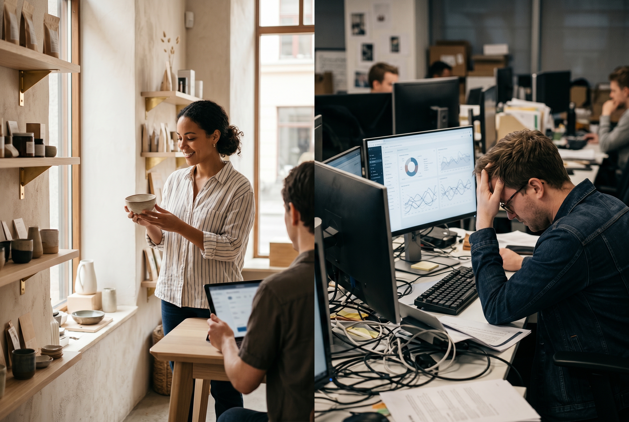 Split-screen illustration showing a polished customer storefront on the left and a tangled, broken admin dashboard on the right