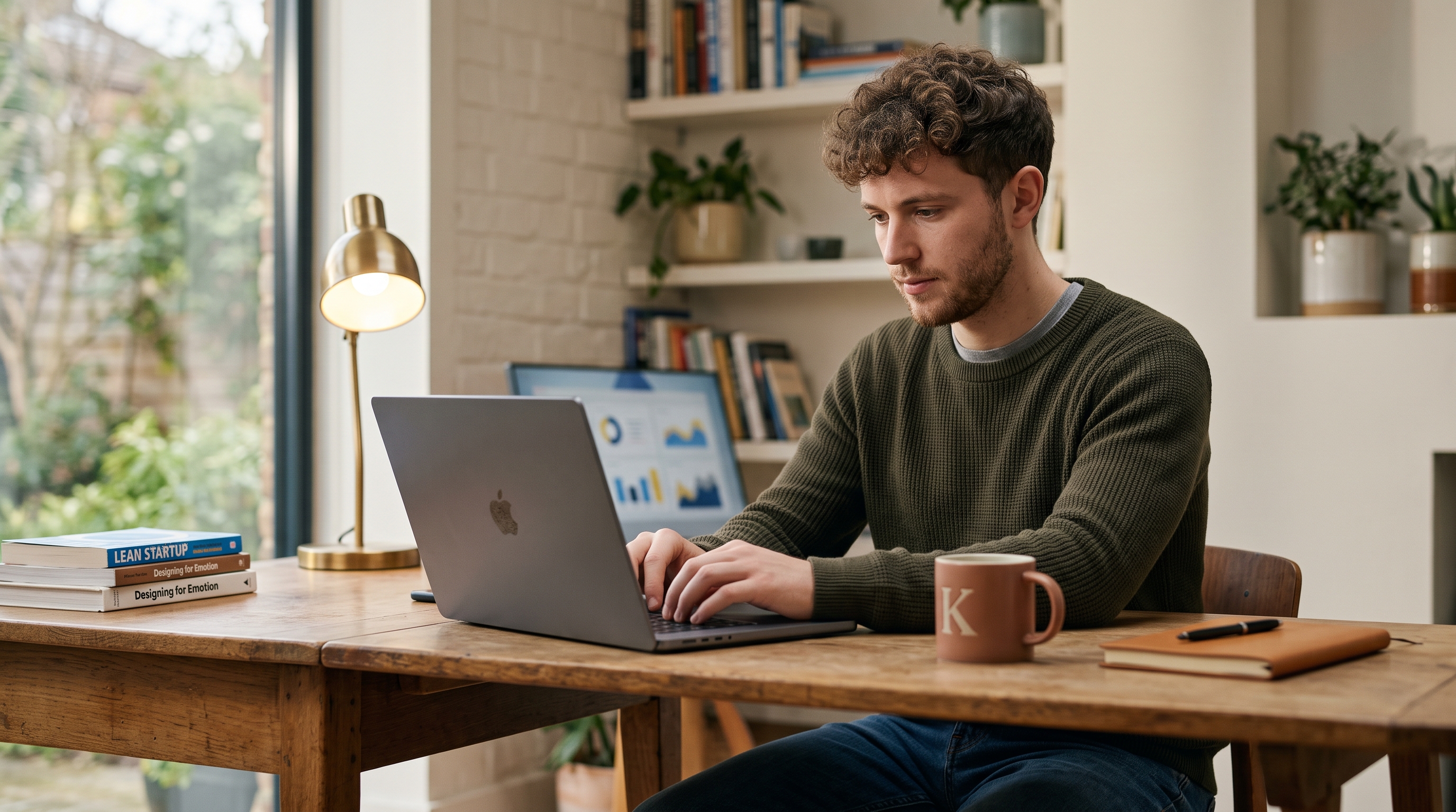 Young founder typing a plain-language request into a laptop at a home desk with a coffee mug and notebook beside them