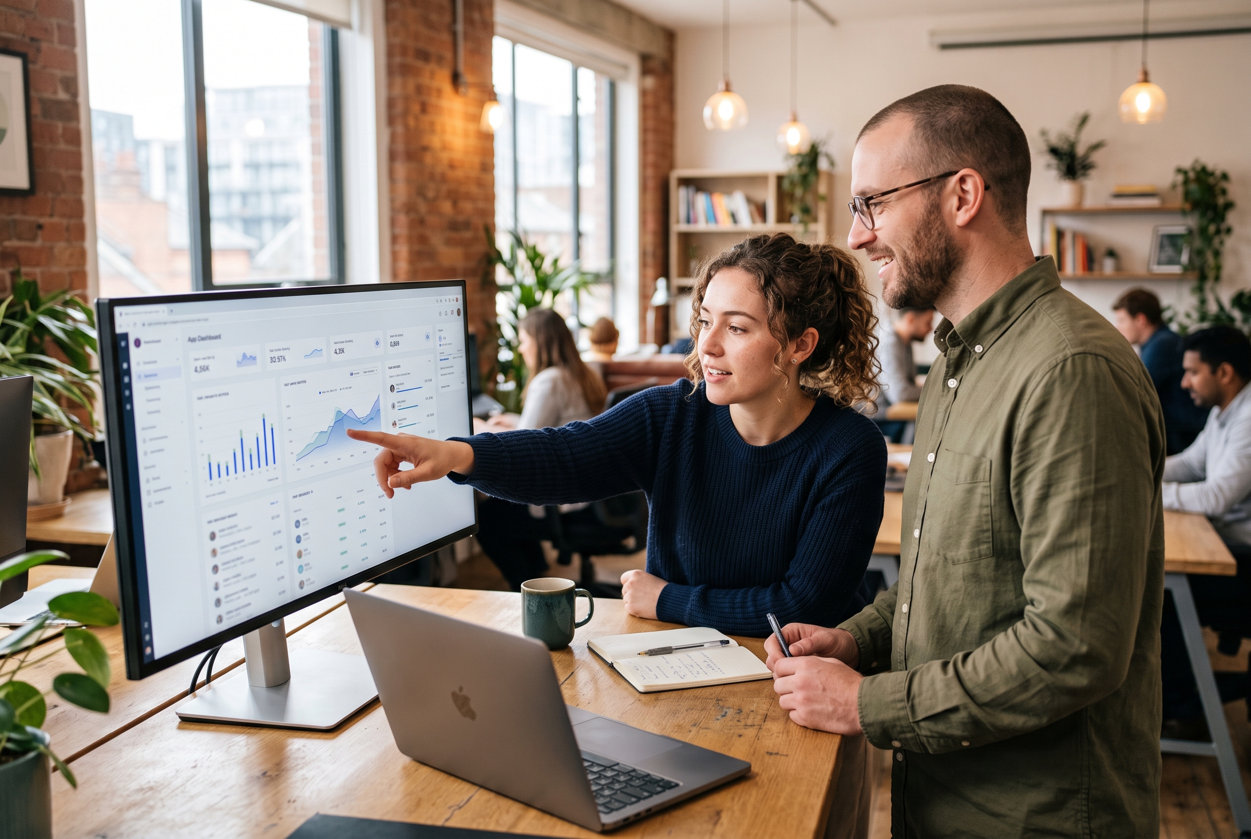 Two people reviewing a live app preview on a wide monitor while one points at the screen in a bright coworking space