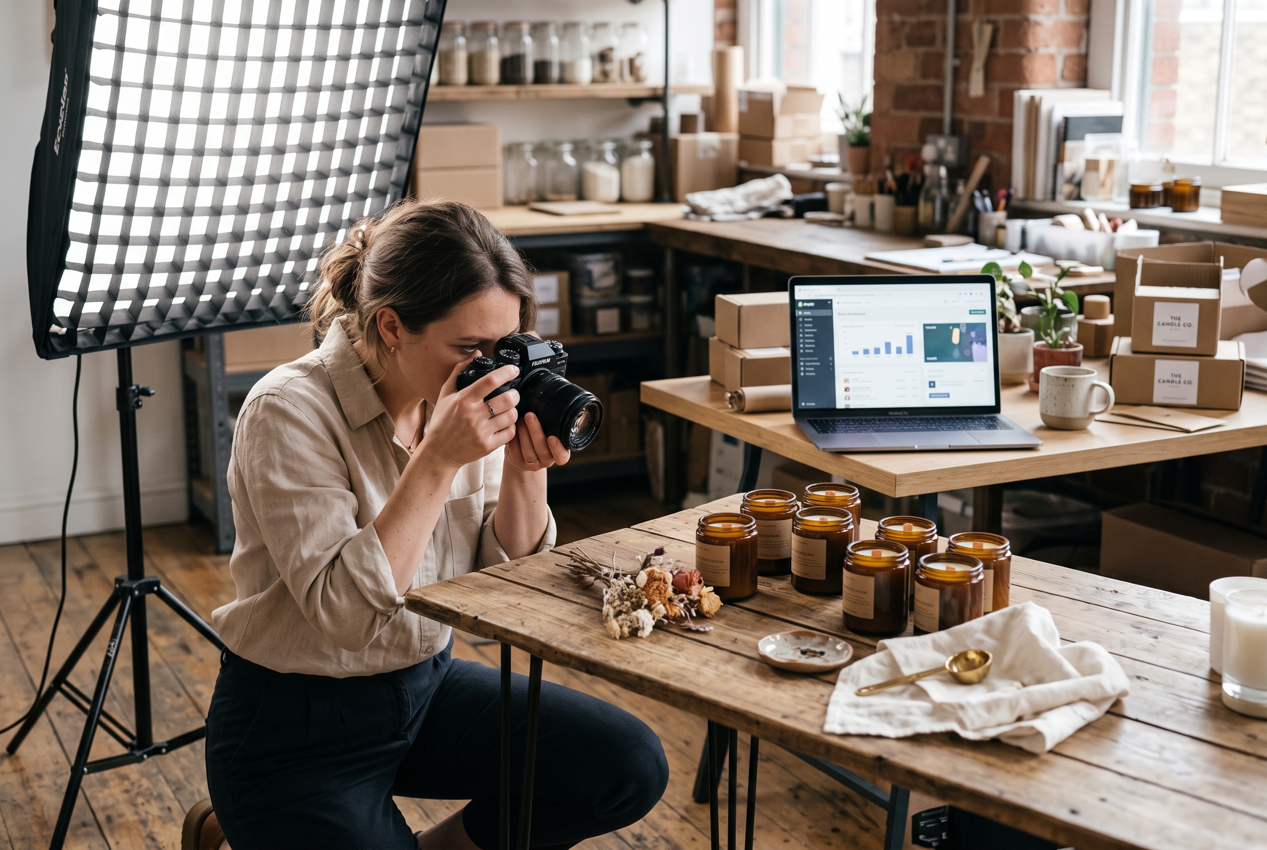 Small business owner photographing handmade candles on a wooden table with a softbox light and a laptop showing a store nearby