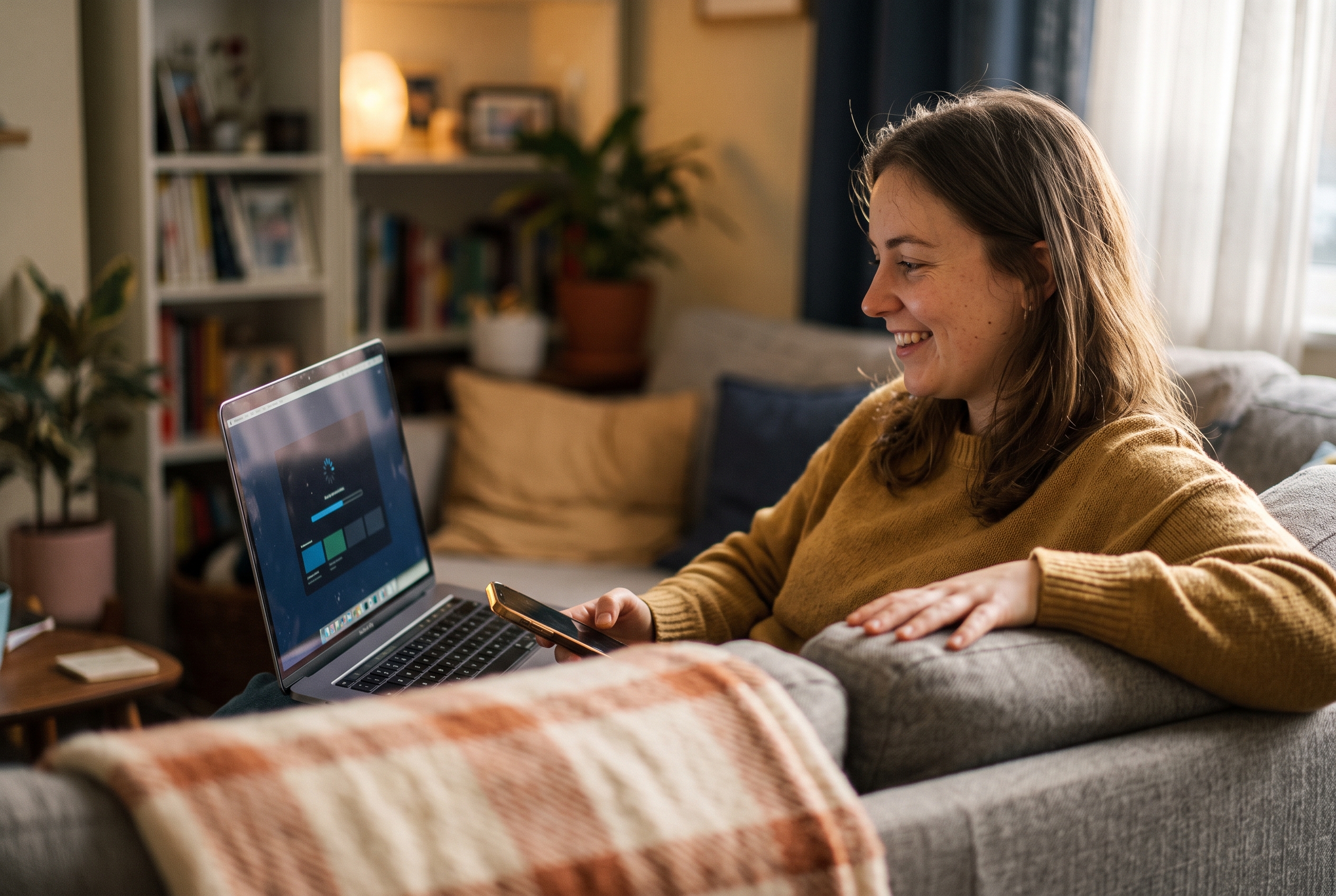Beginner sitting on a couch with a laptop and phone, smiling as an app preview loads on the screen in a cozy living room