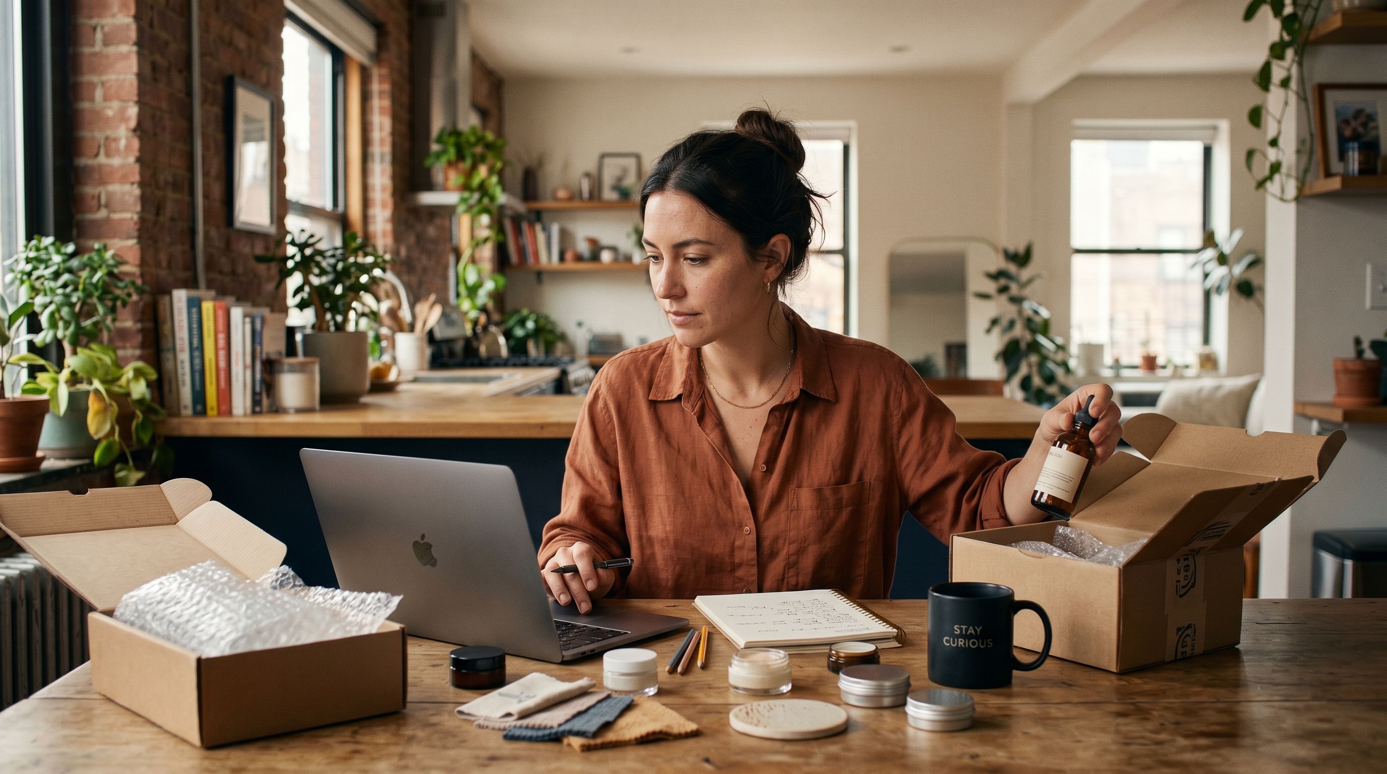 Small business owner unpacking sample products at a kitchen table while taking notes on a laptop