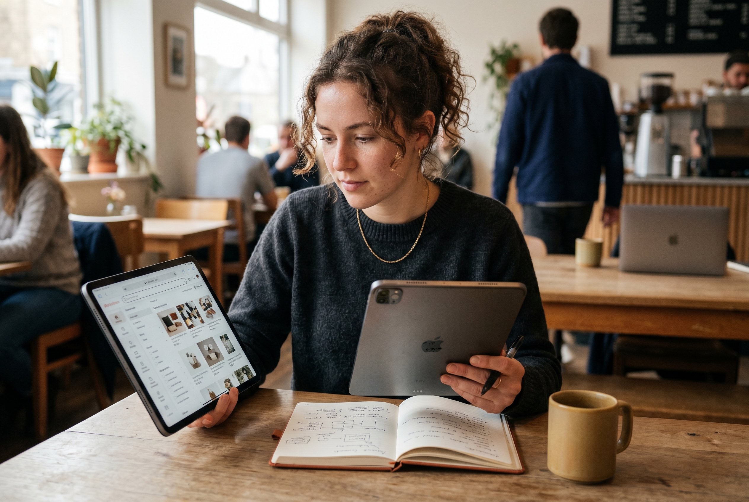 Entrepreneur browsing marketplace listings on a tablet in a coffee shop with a notebook full of product ideas