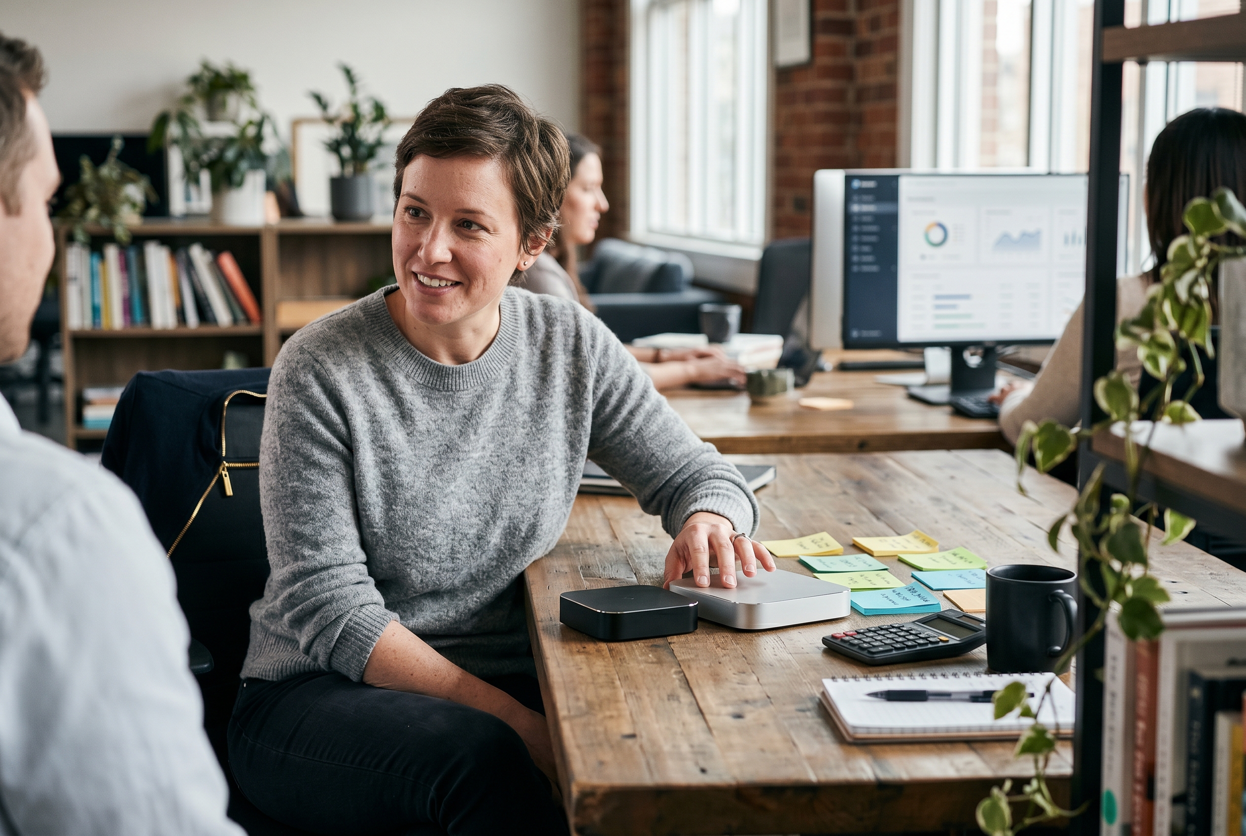Founder comparing two product samples side by side on a desk with sticky notes and a calculator nearby