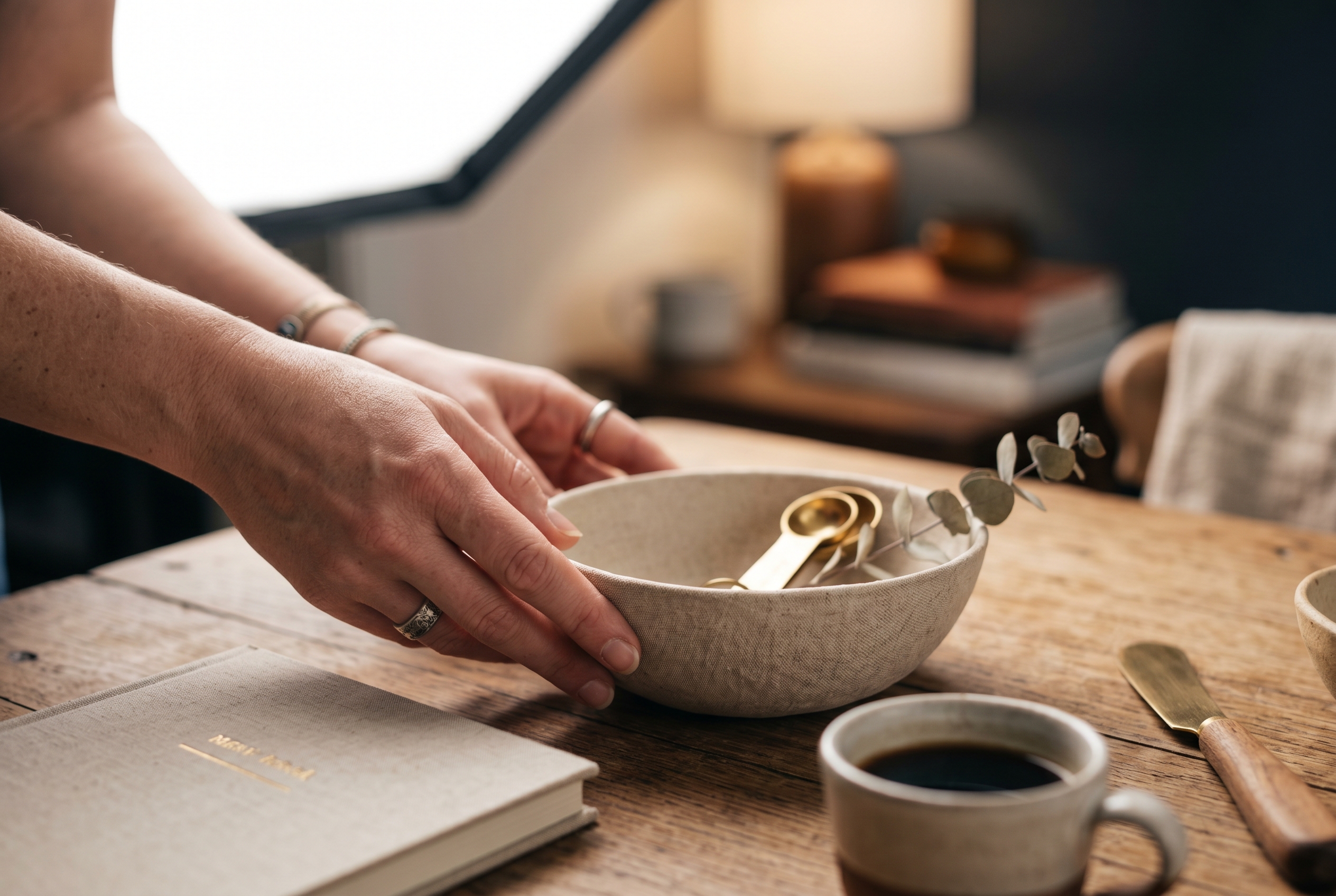 Maker arranging handmade goods for a product photo on a wooden table under a softbox light at home