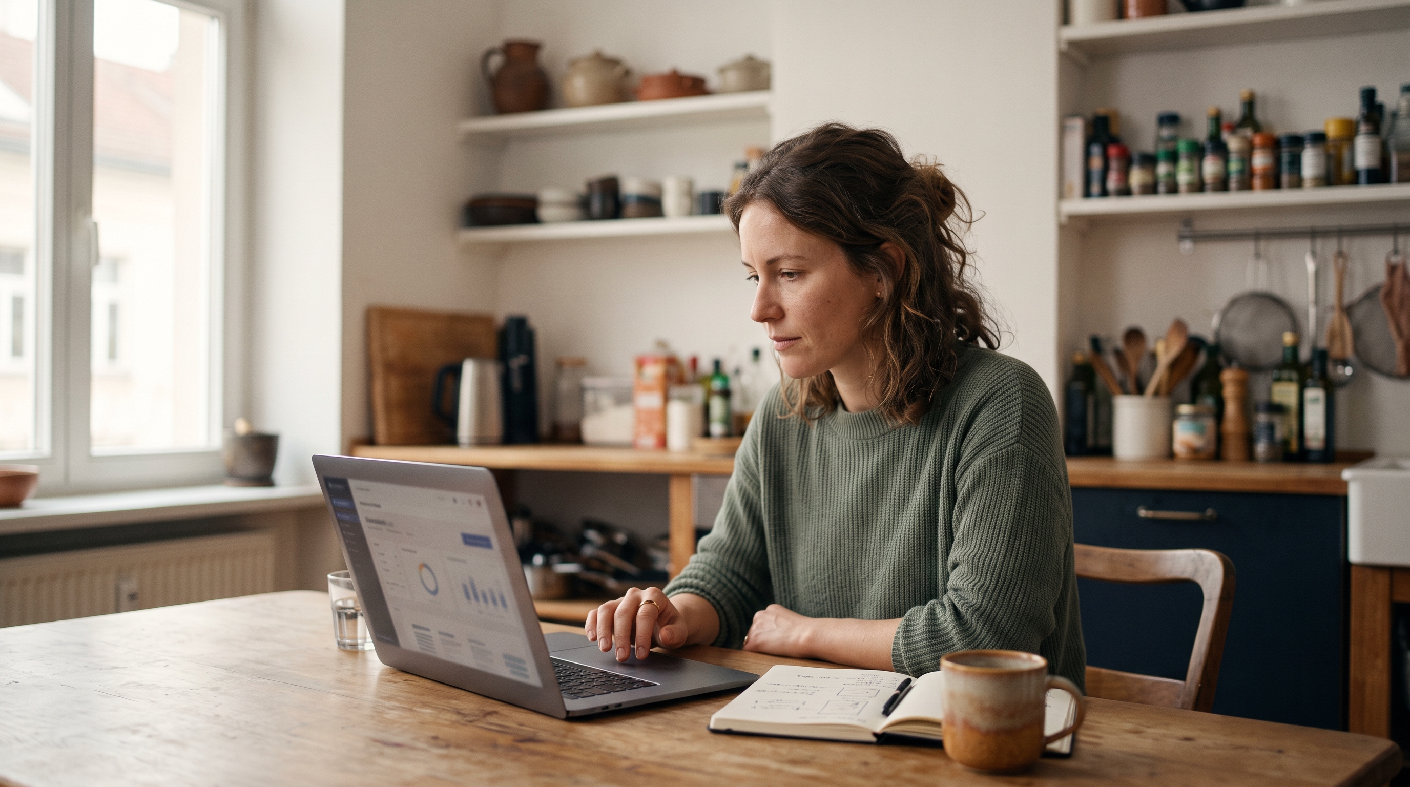 Woman working on a laptop at a kitchen table with a notebook and coffee planning her online store