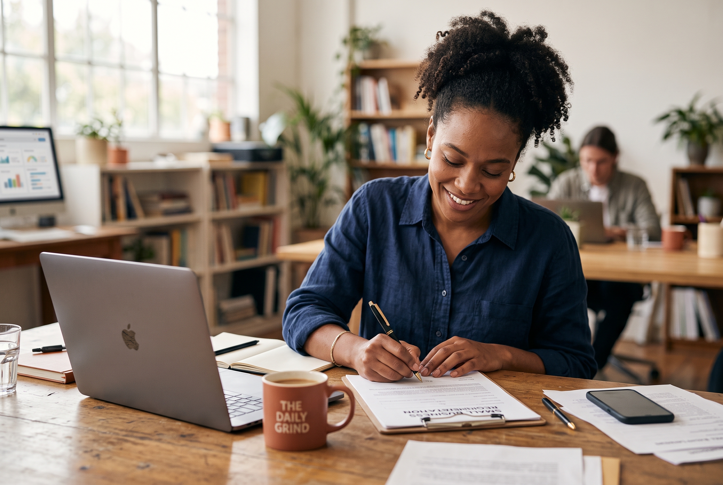 Small business owner signing registration documents at a desk with a laptop and a mug nearby