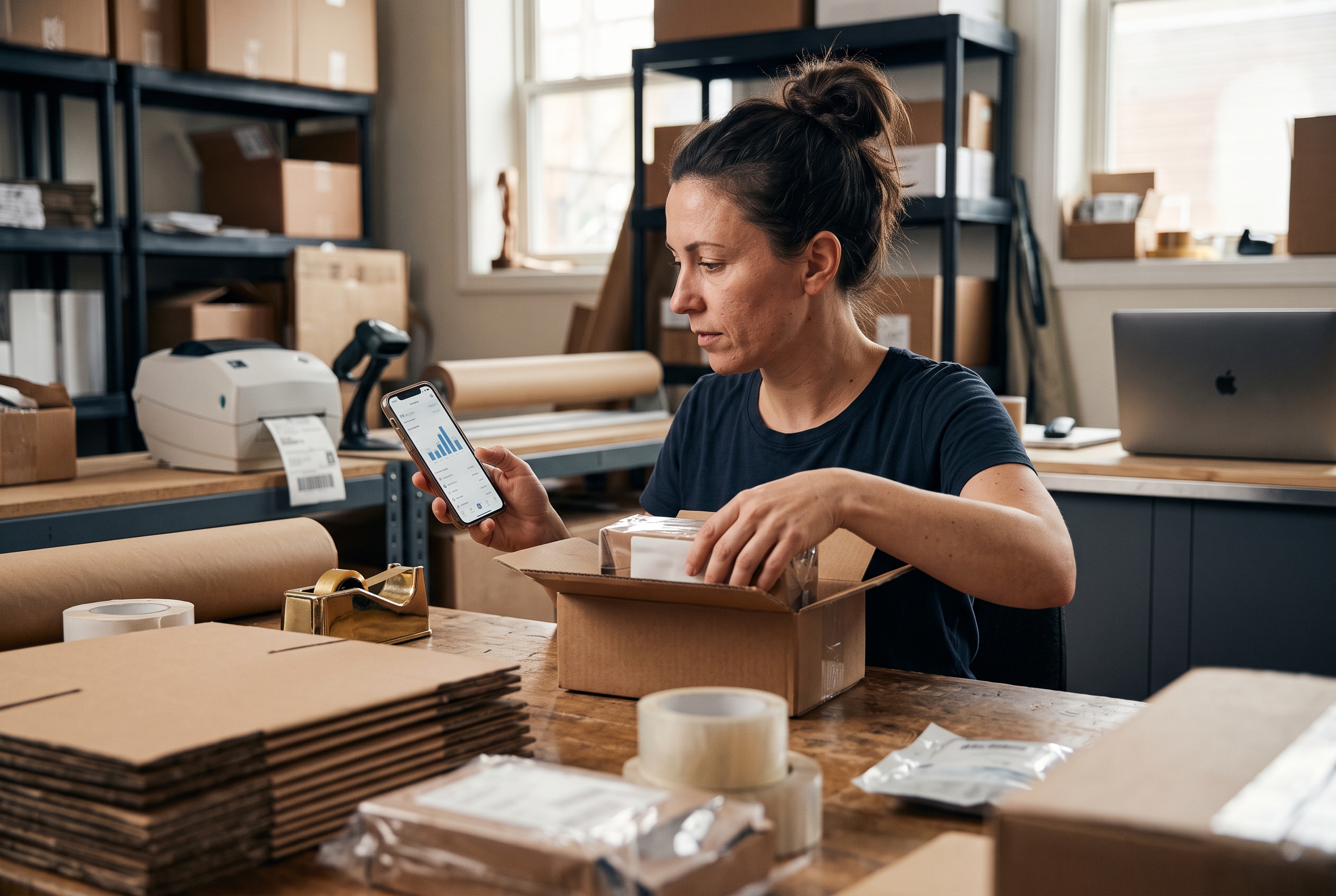 Founder reviewing sales numbers on a phone while packing product orders into shipping boxes at a small workspace