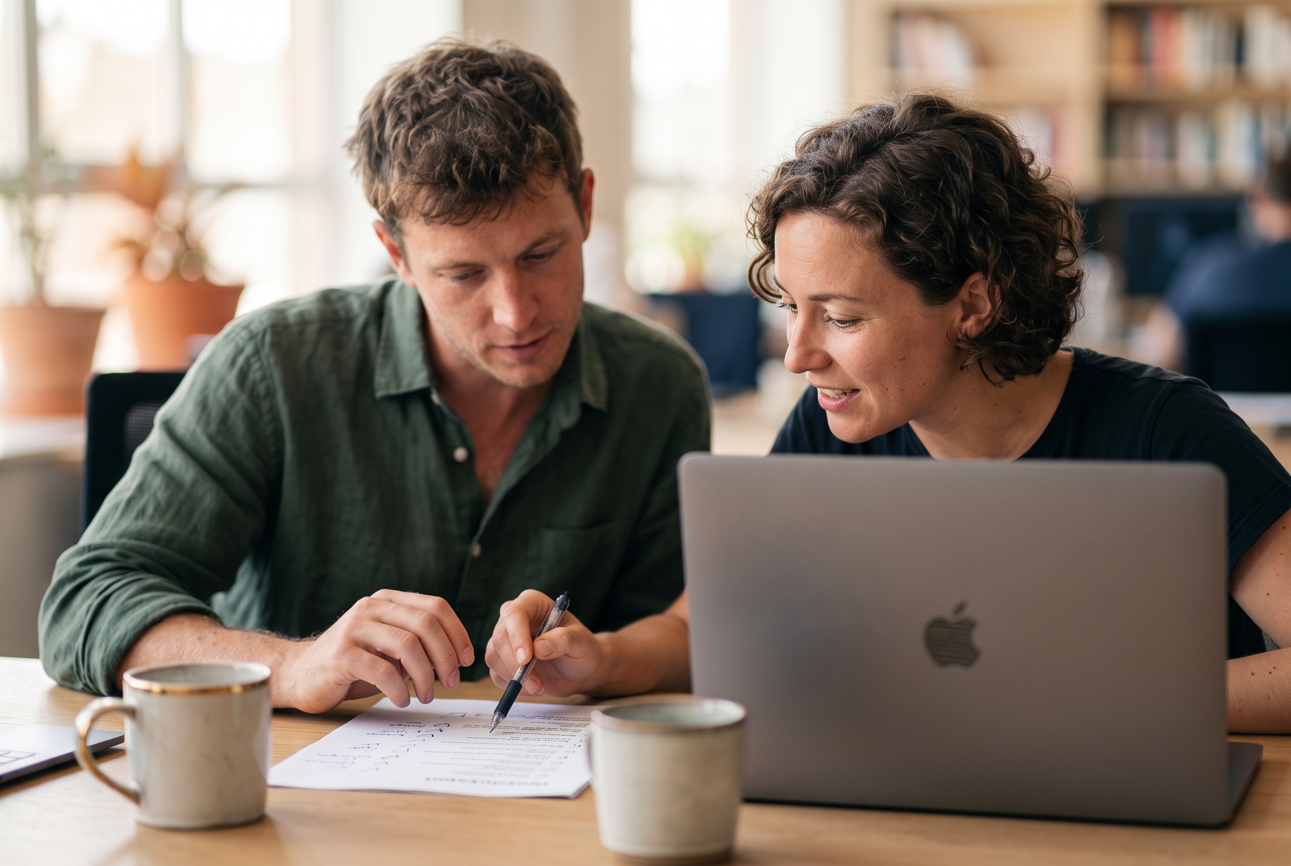 Two entrepreneurs reviewing a printed checklist together at a bright desk with an open laptop between them