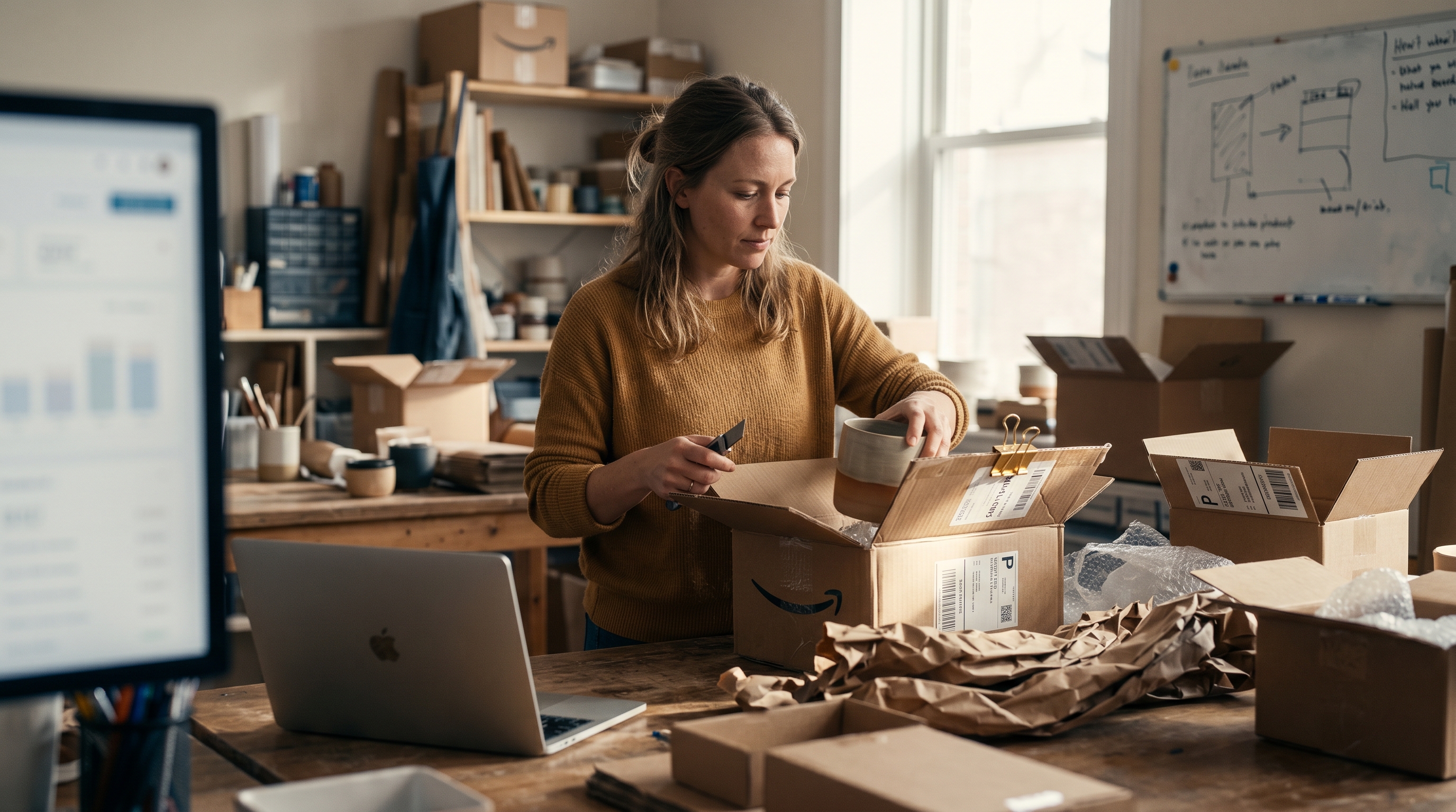 Small business owner unpacking a sample shipment of products on a workshop table surrounded by packing materials