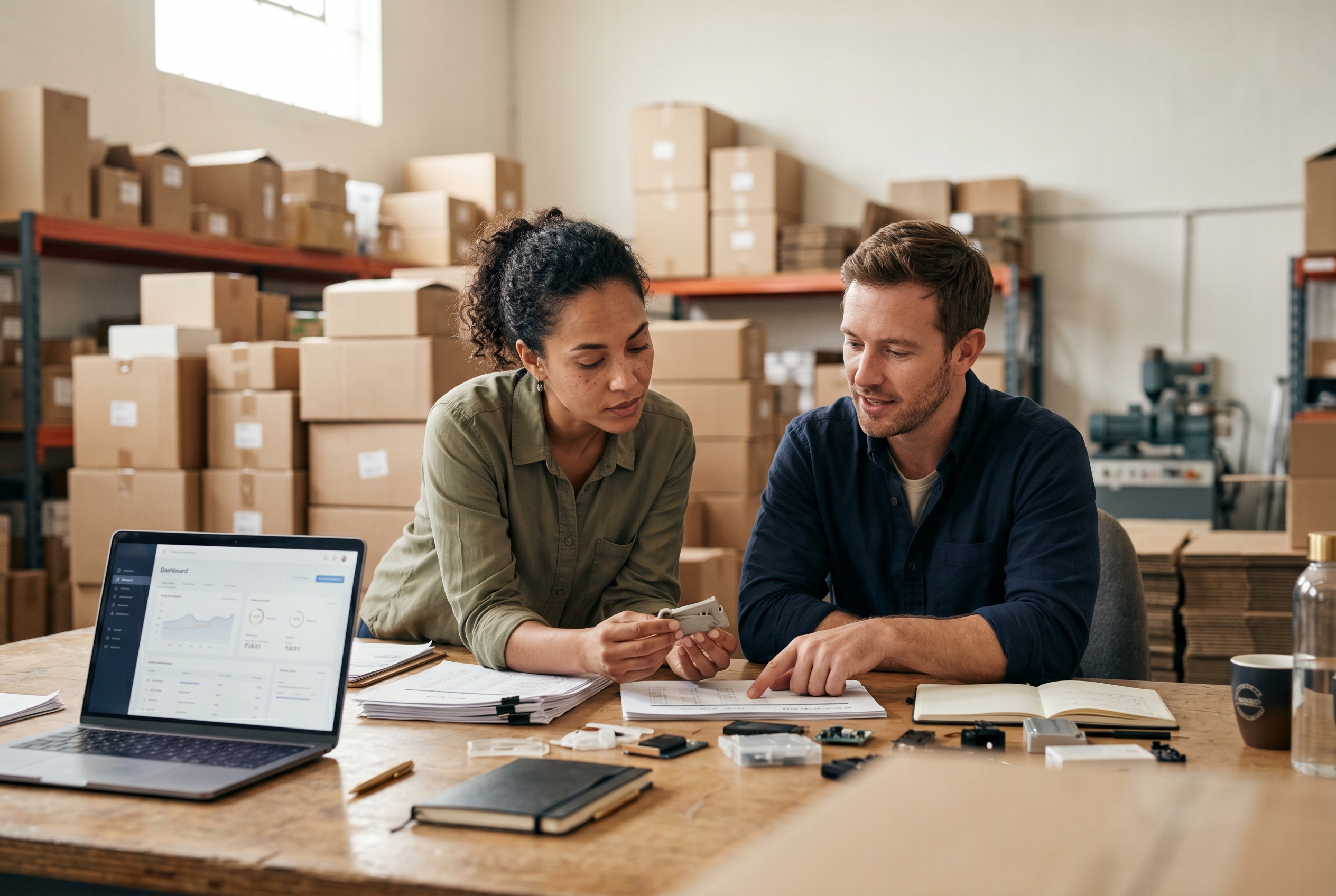 Two business partners reviewing supplier samples and price sheets at a desk in a small warehouse stacked with inventory boxes