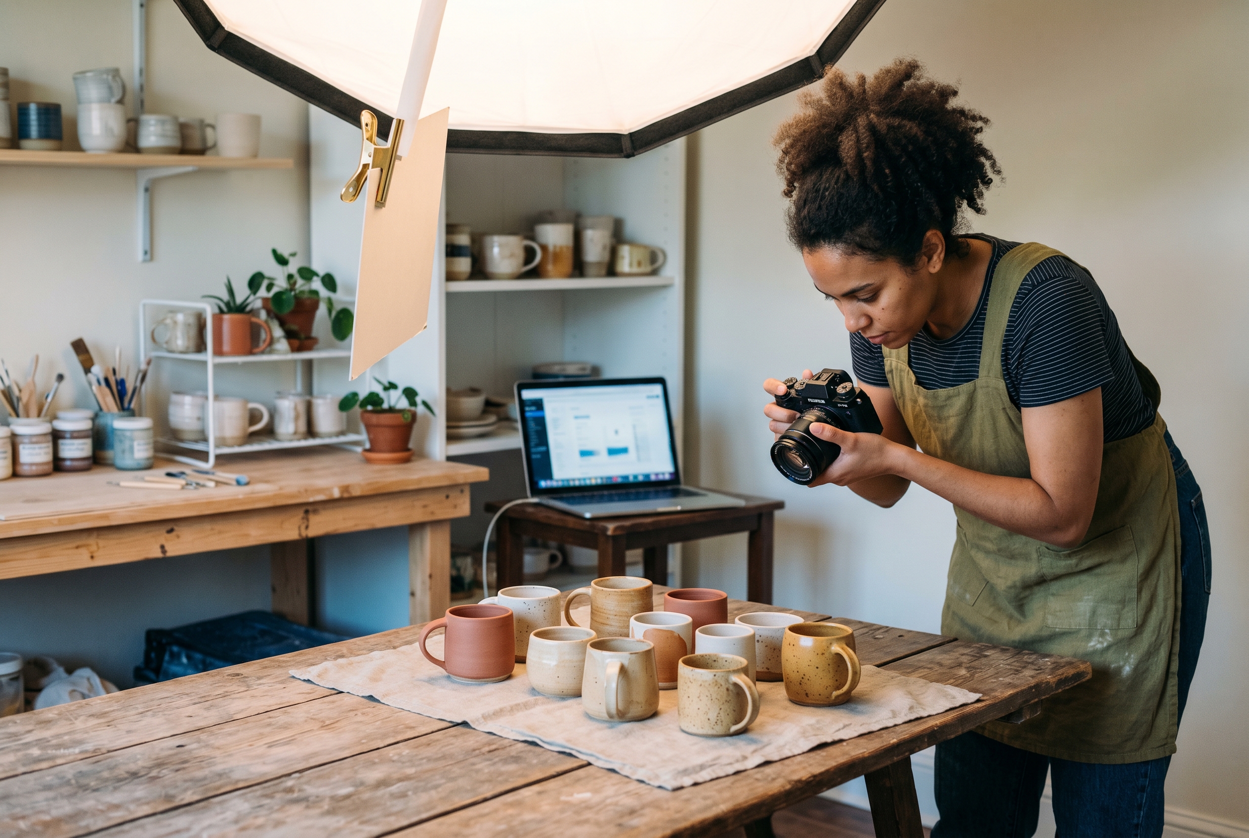 Maker photographing handmade ceramic mugs on a wooden table under a softbox light in a home studio
