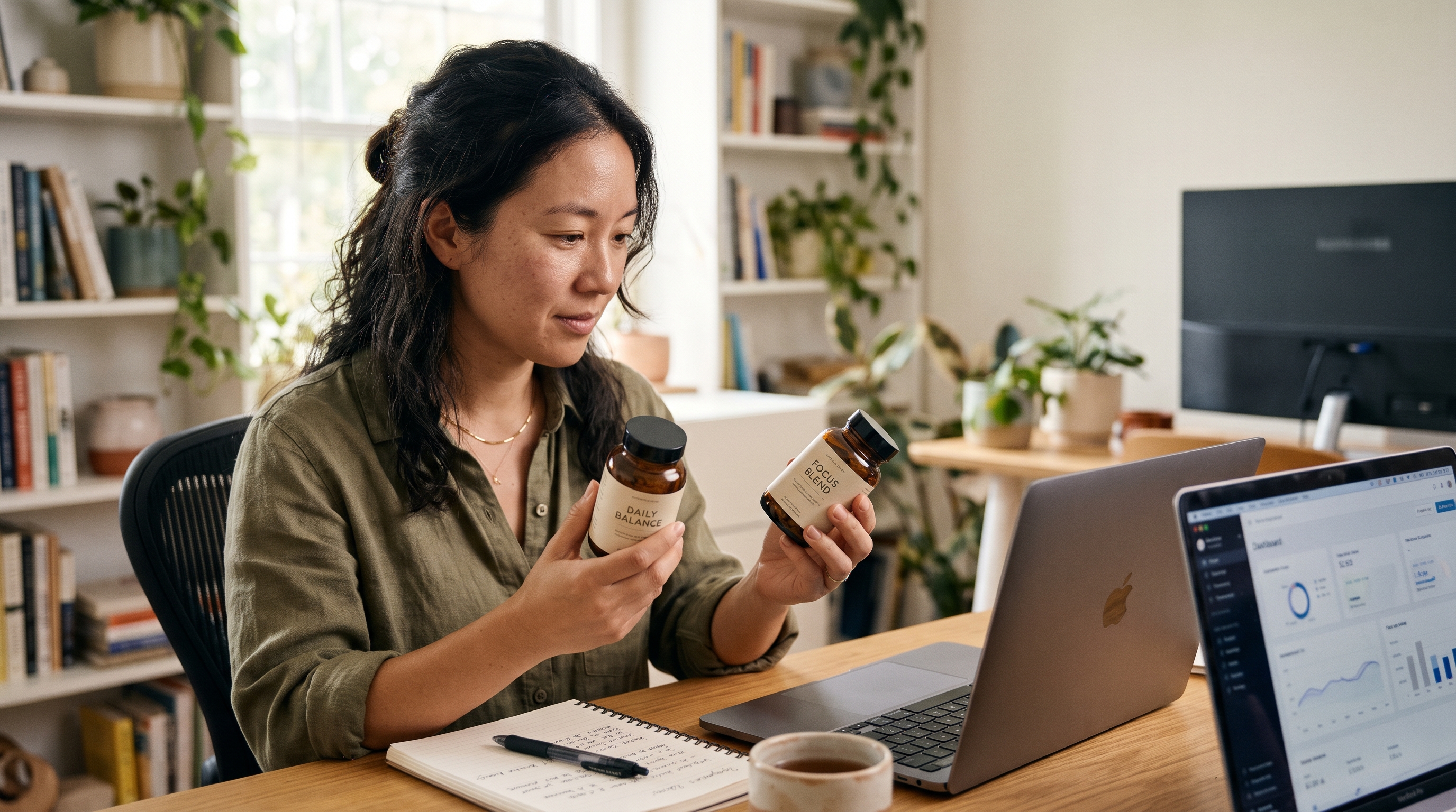 Supplement brand founder comparing two capsule bottle samples at a desk with a laptop and handwritten notes