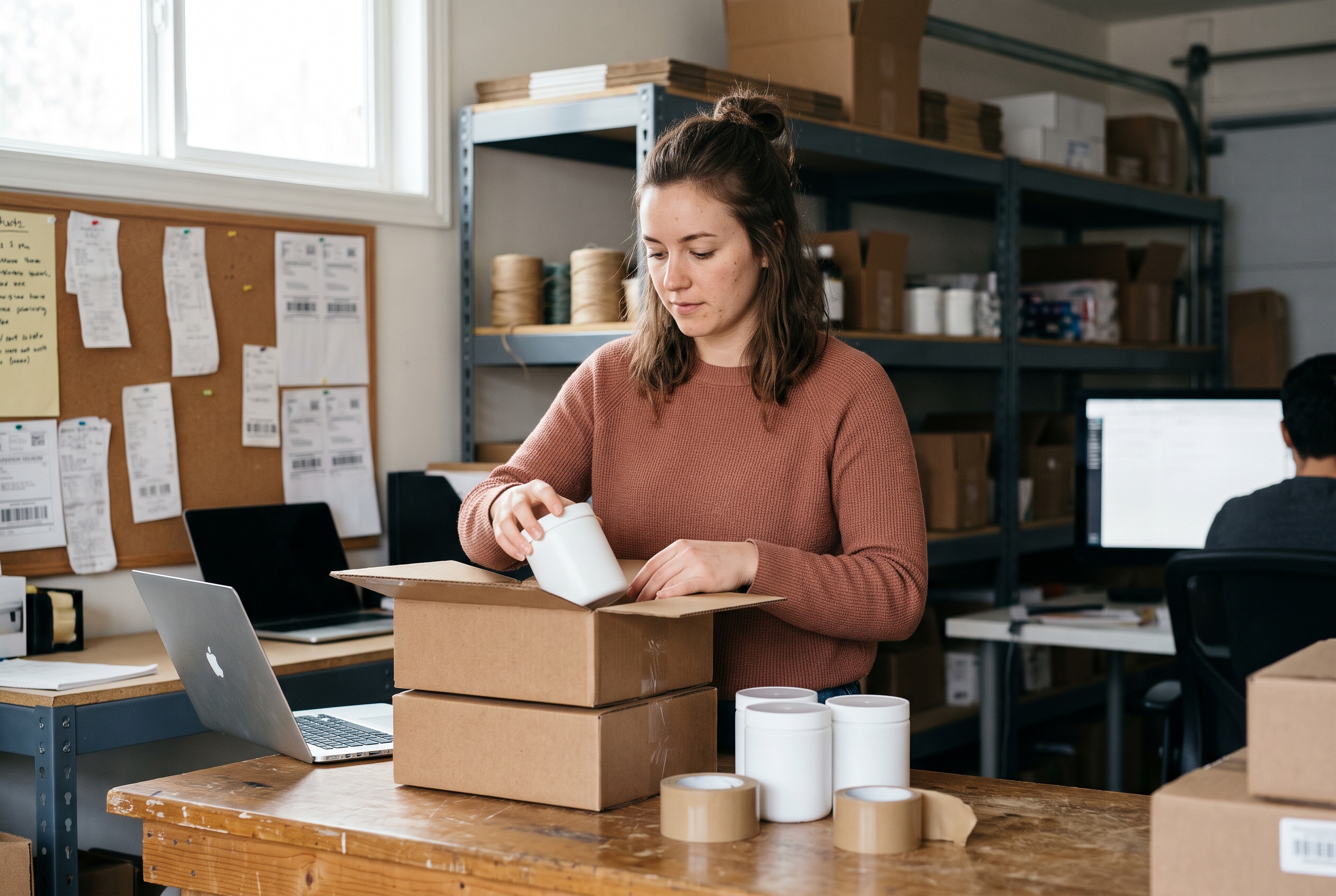 Woman packing white supplement tubs into shipping boxes on a workbench in a small home warehouse
