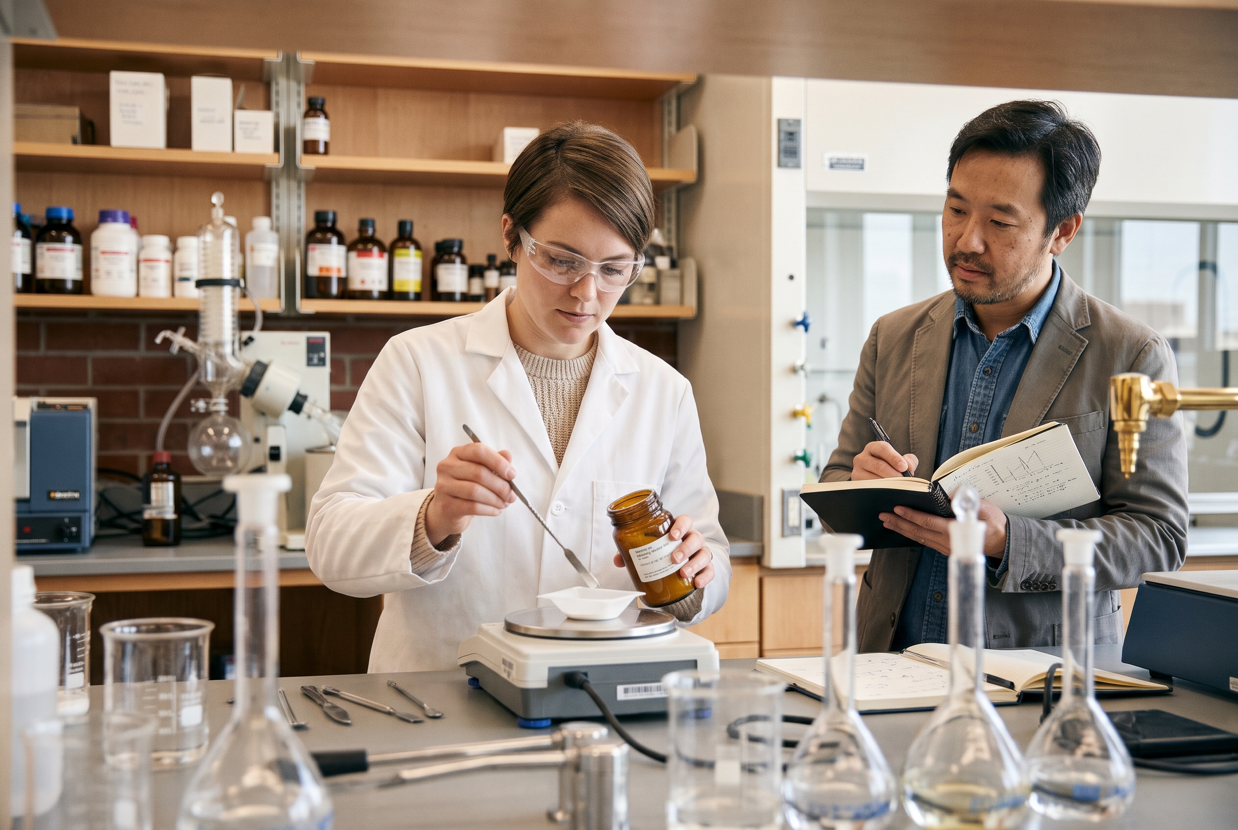 Formulation chemist weighing powder ingredients on a lab scale while a founder watches and takes notes