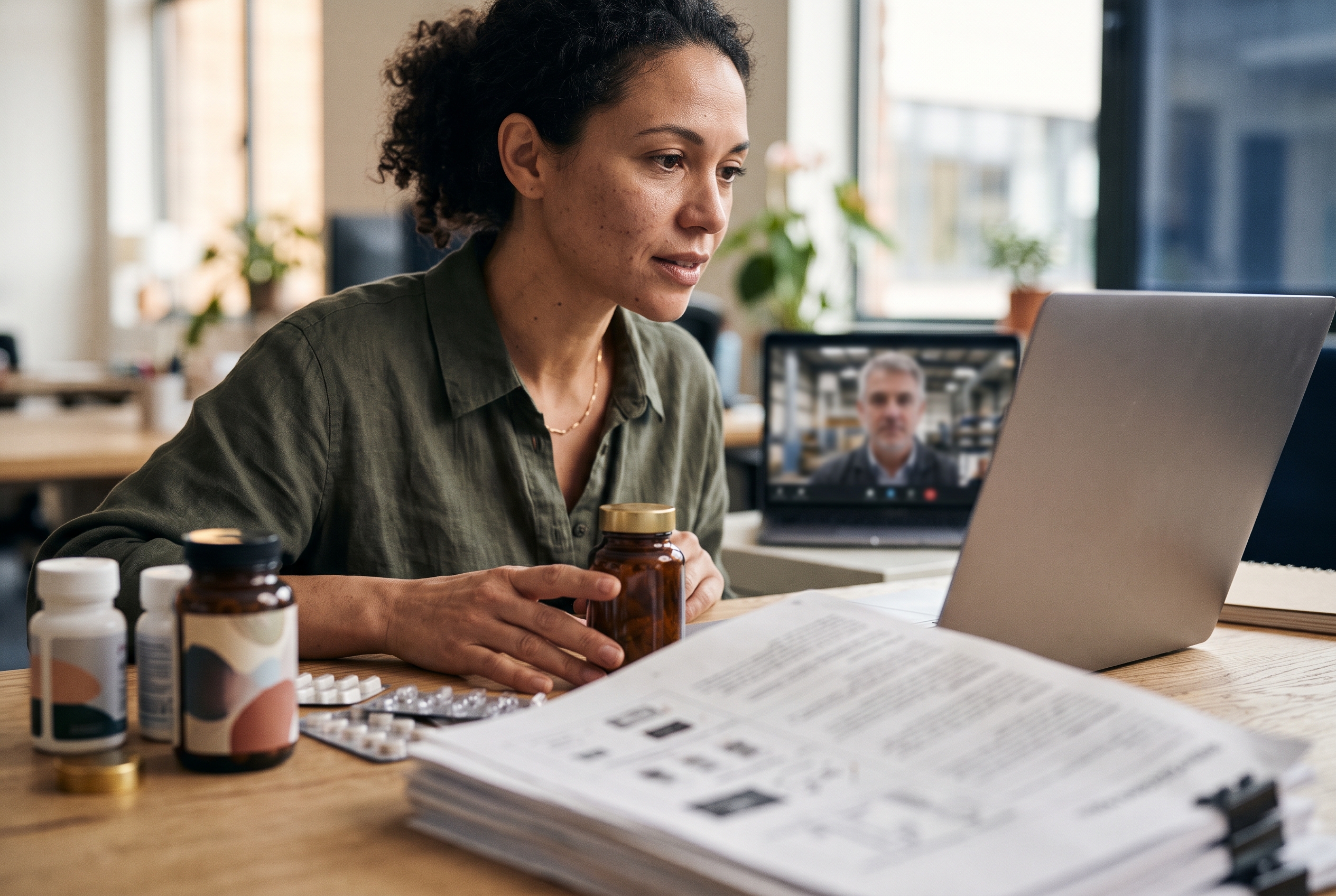 Founder on a video call with a manufacturer rep while reviewing a spec sheet and supplement samples