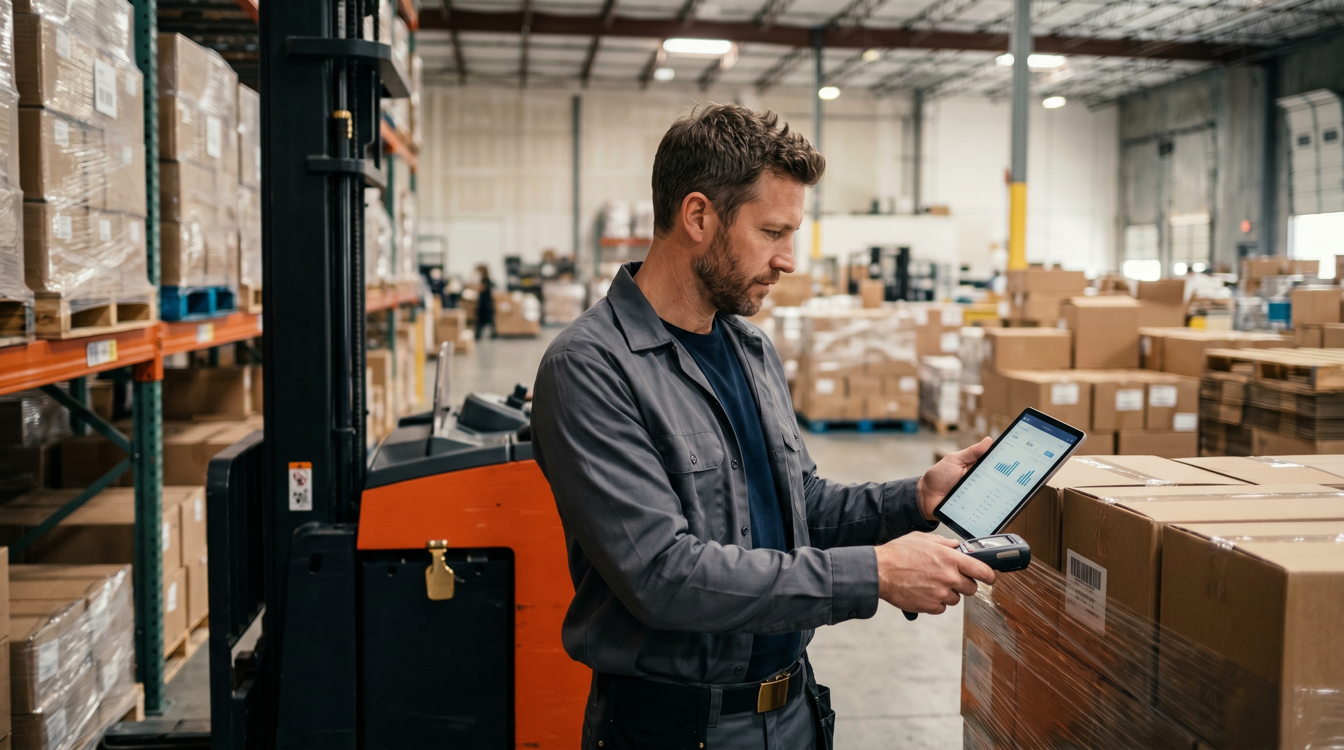 Warehouse manager scanning pallets of boxed inventory on a tablet beside a forklift in a distribution center