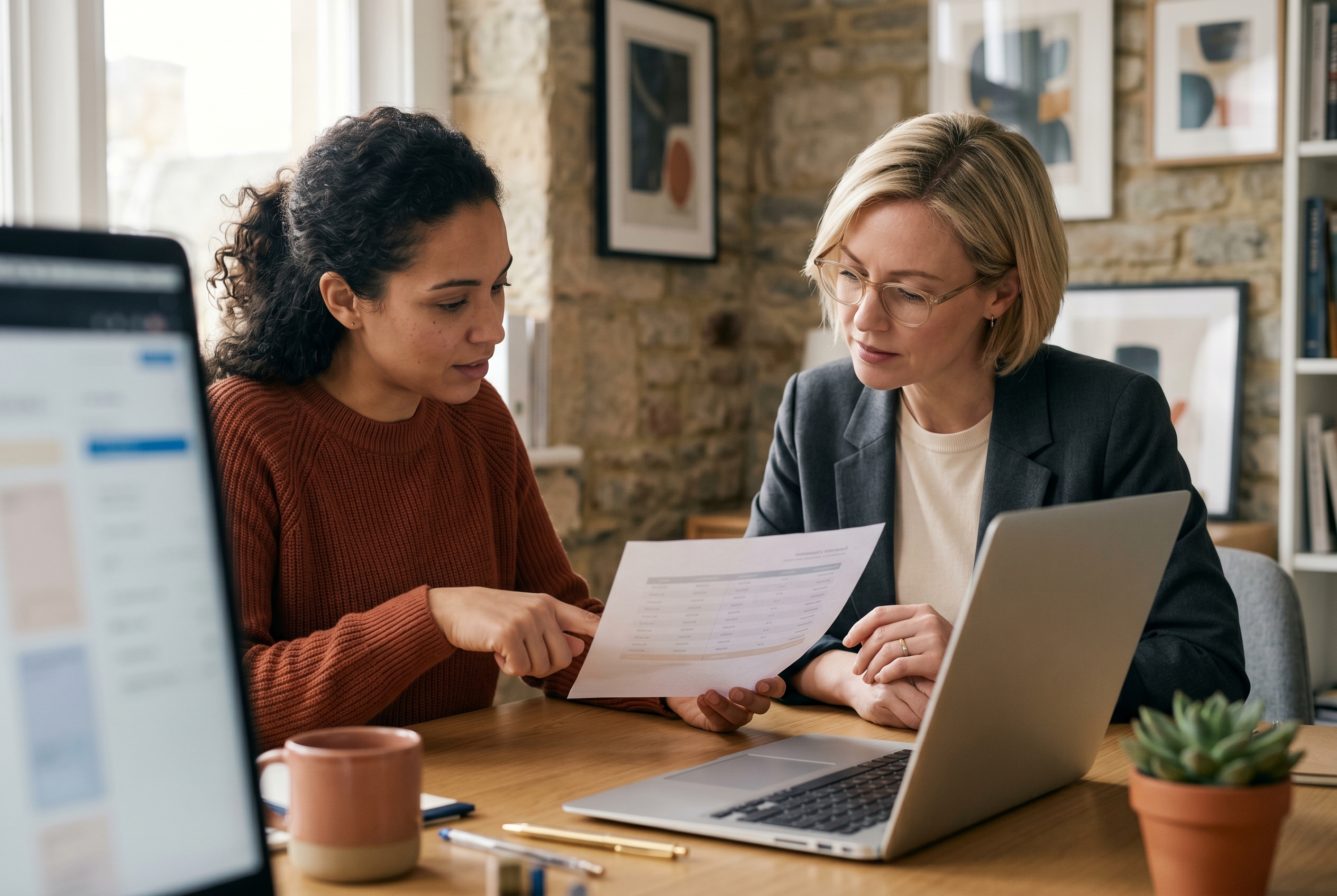 Two business owners reviewing a printed price sheet across a desk with a laptop open between them in a small office