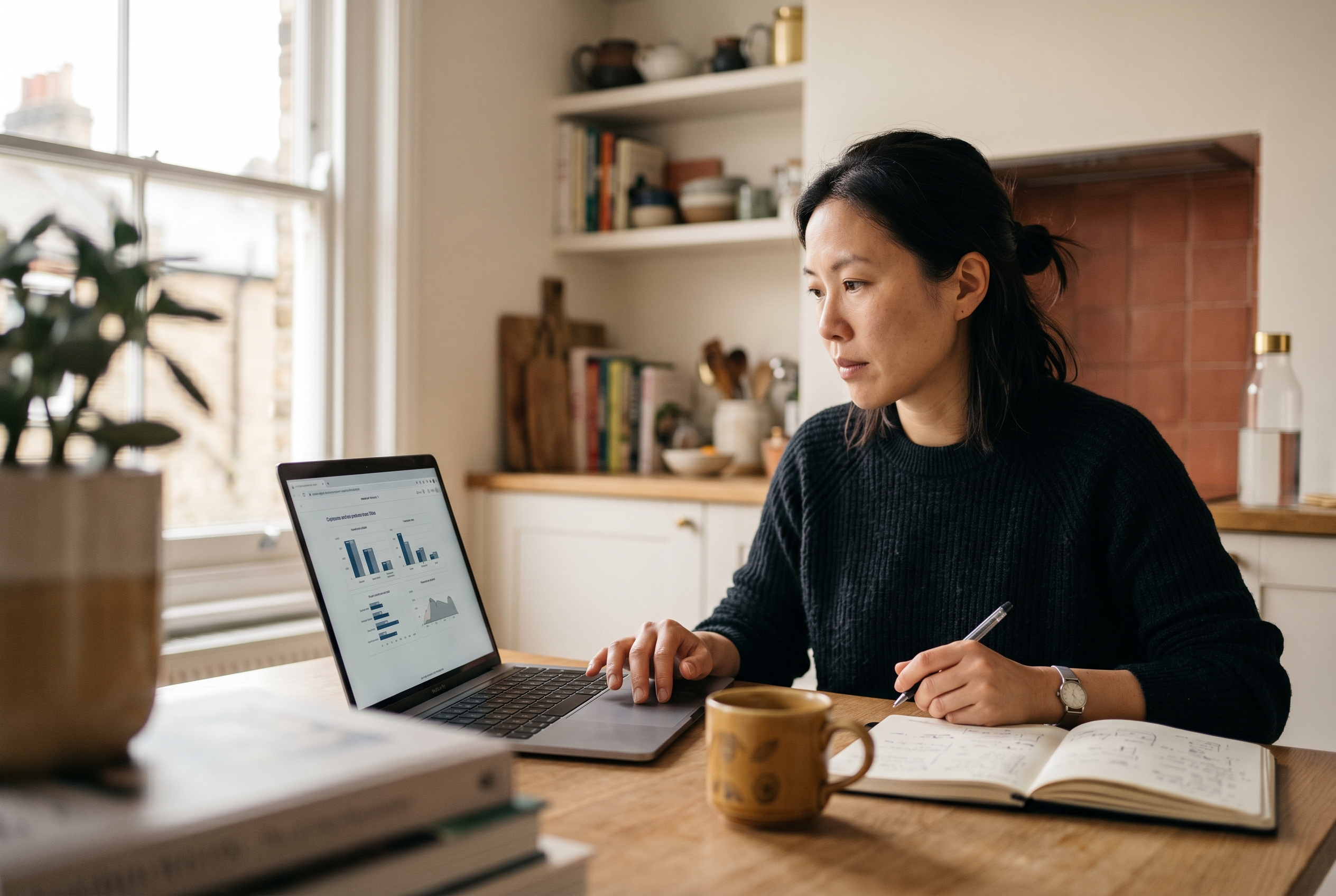 Founder comparing platform options on a laptop at a kitchen table with a notebook and coffee mug in morning light