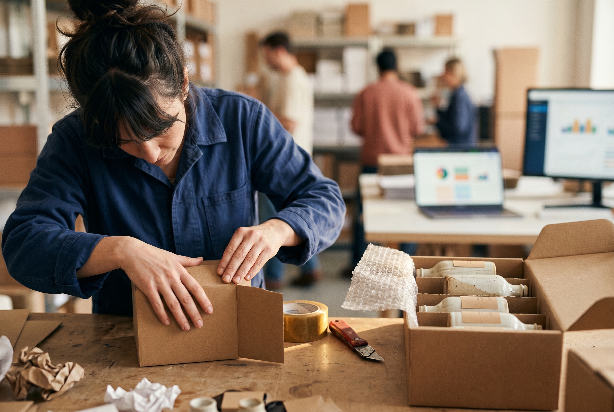 Small distributor packing a bulk order of products into shipping boxes on a workbench in a tidy storeroom