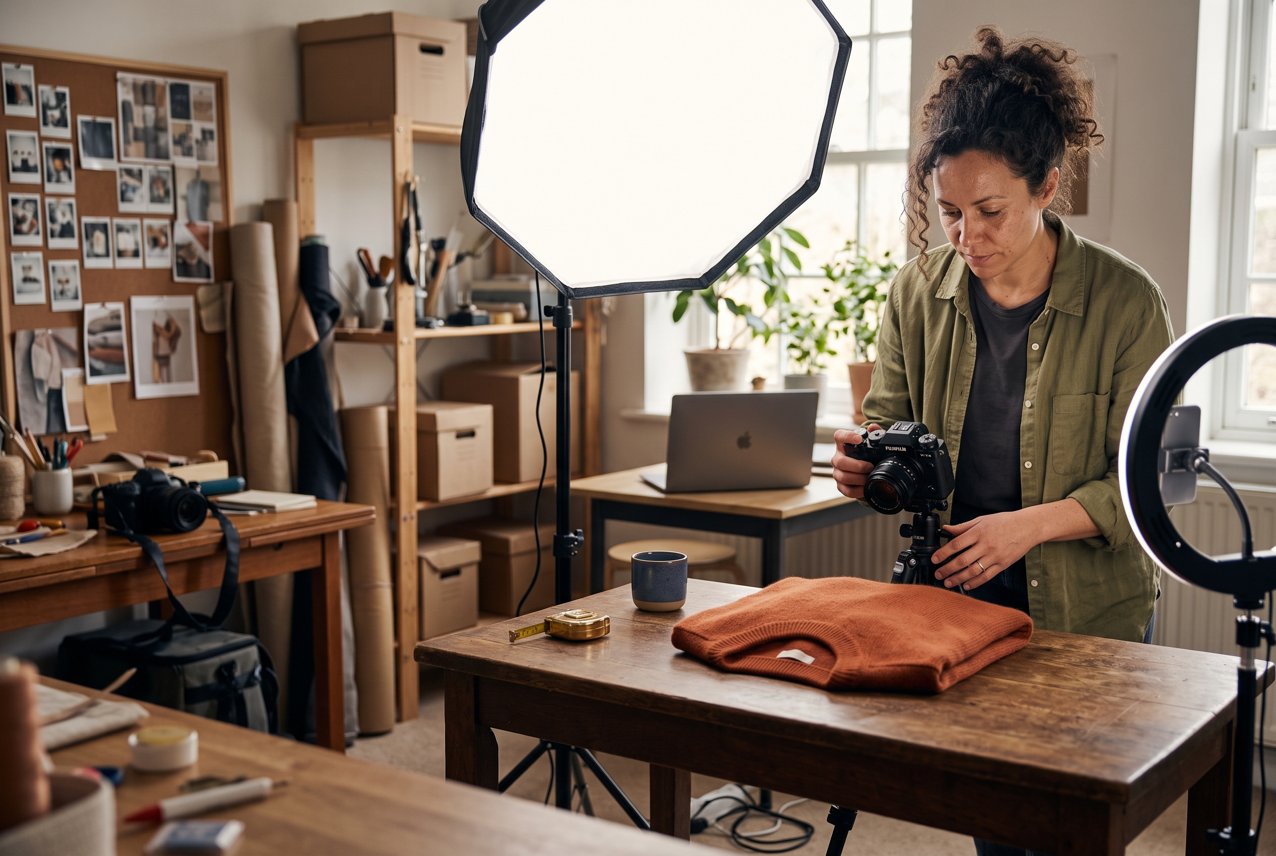 Small business owner photographing a folded sweater on a wooden table with a softbox light and ring light setup