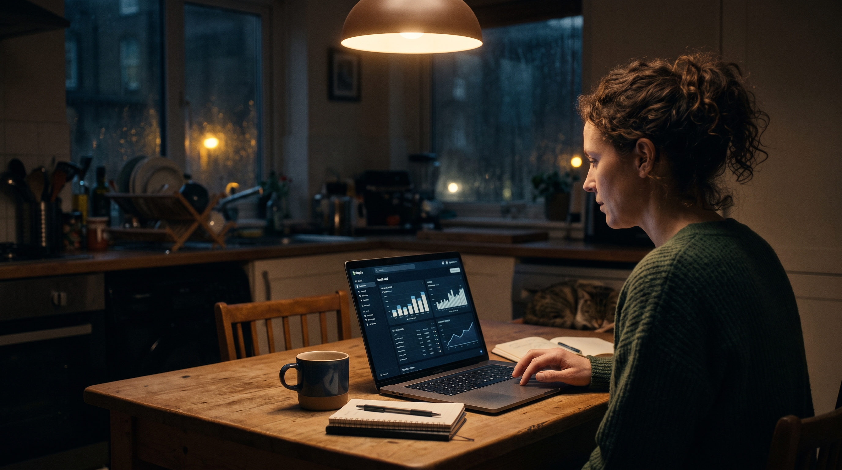 Small business owner sitting at a kitchen table late at night reviewing sales numbers on a laptop with an empty coffee mug beside her