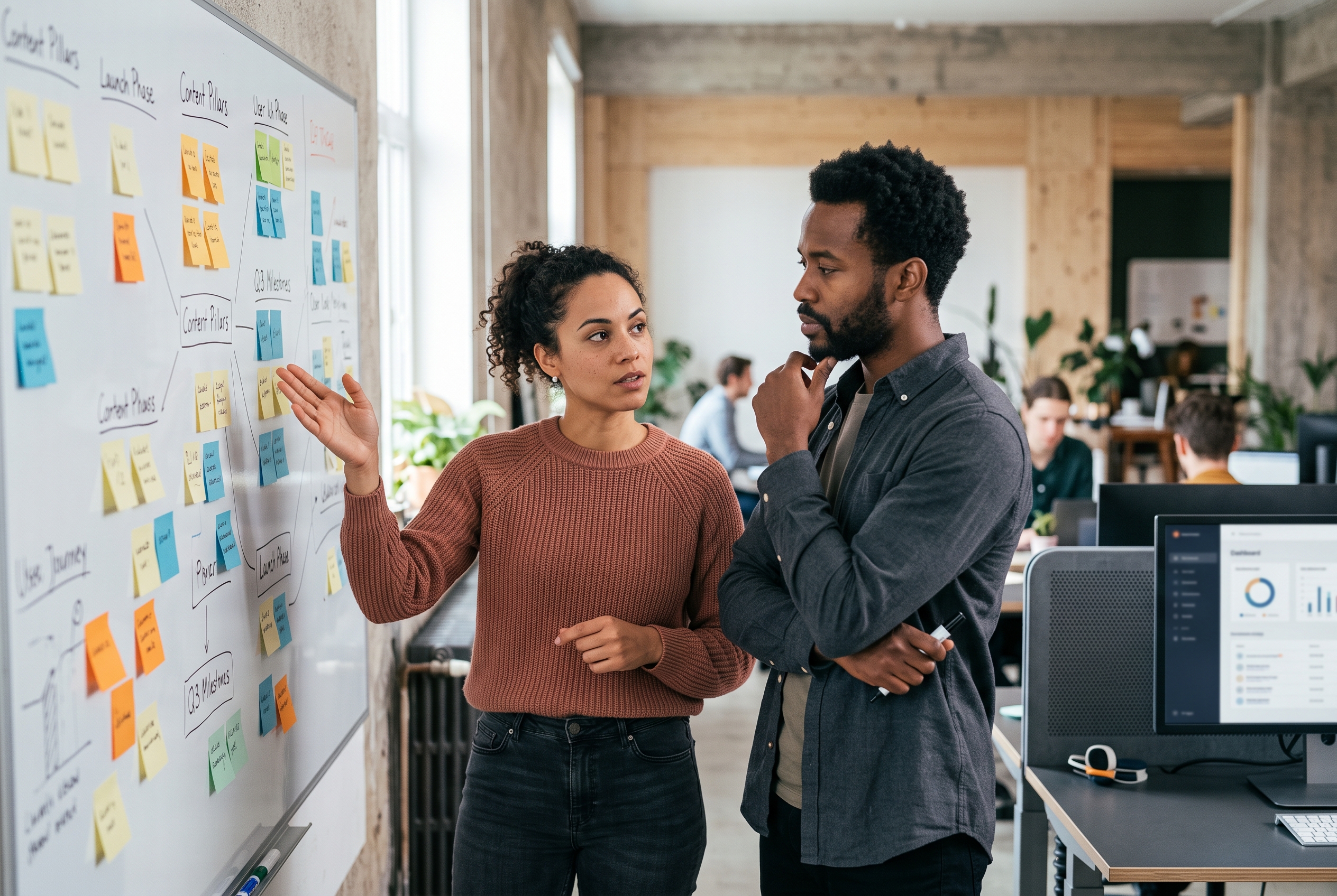 Two founders standing at a whiteboard covered in sticky notes debating their marketing plan in a small startup office