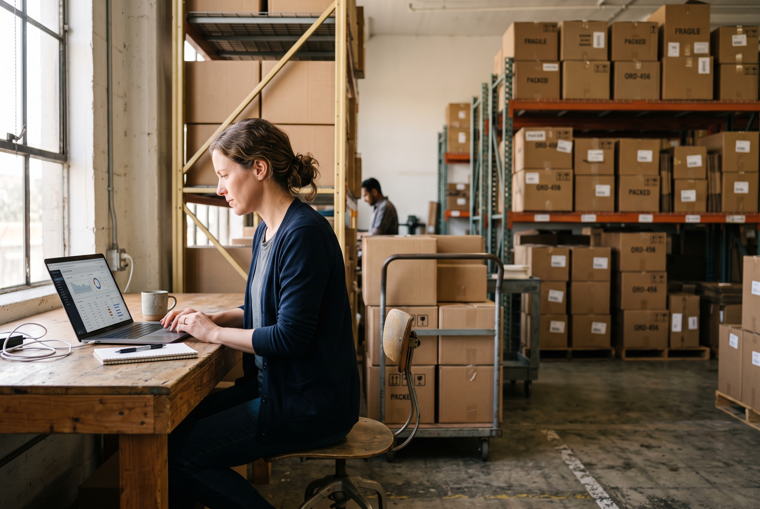 Founder reviewing analytics on a laptop in a sunlit warehouse with packed shipping boxes stacked on shelves behind her