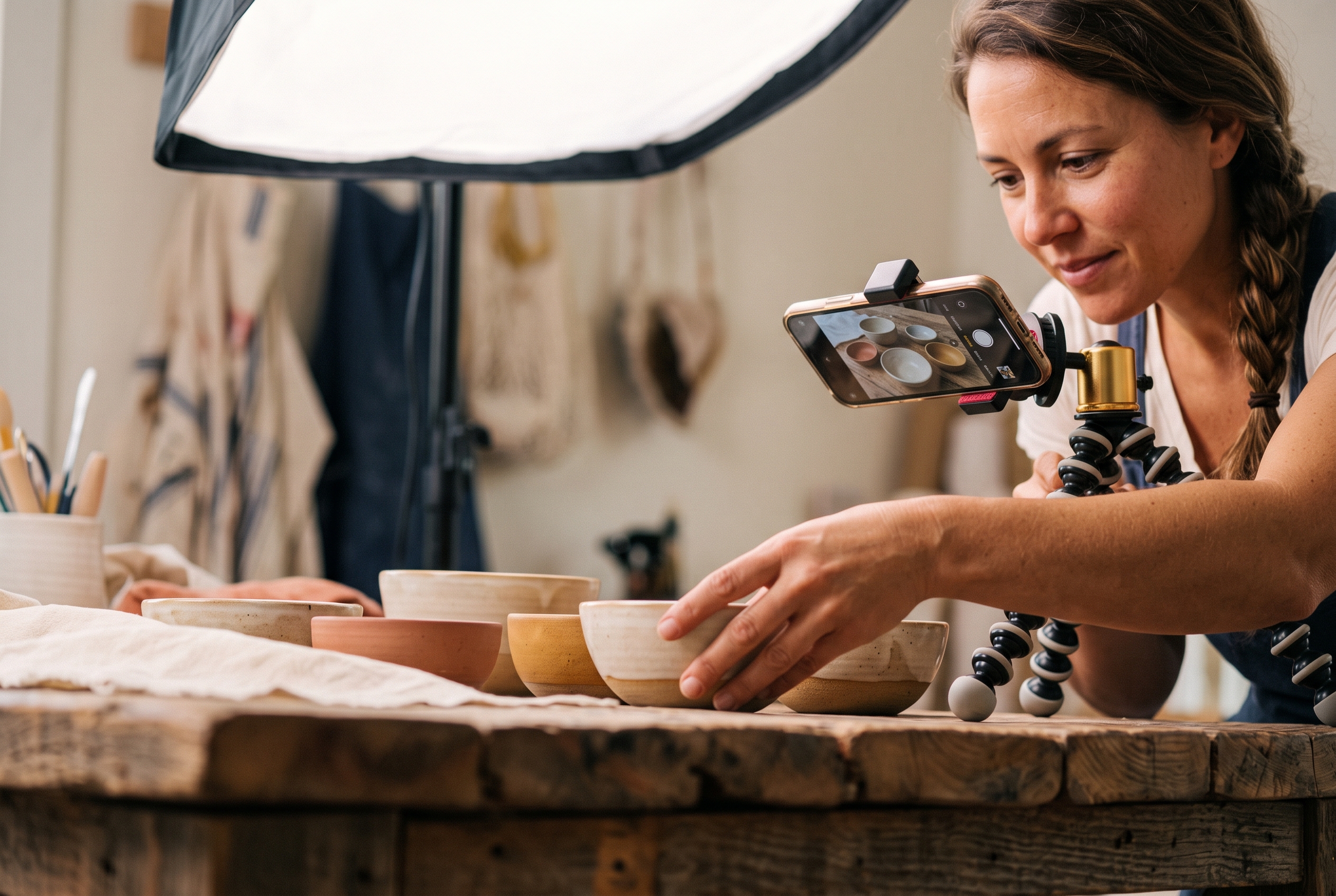 Small business owner photographing handmade products on a wooden table under a softbox light with a phone on a tripod