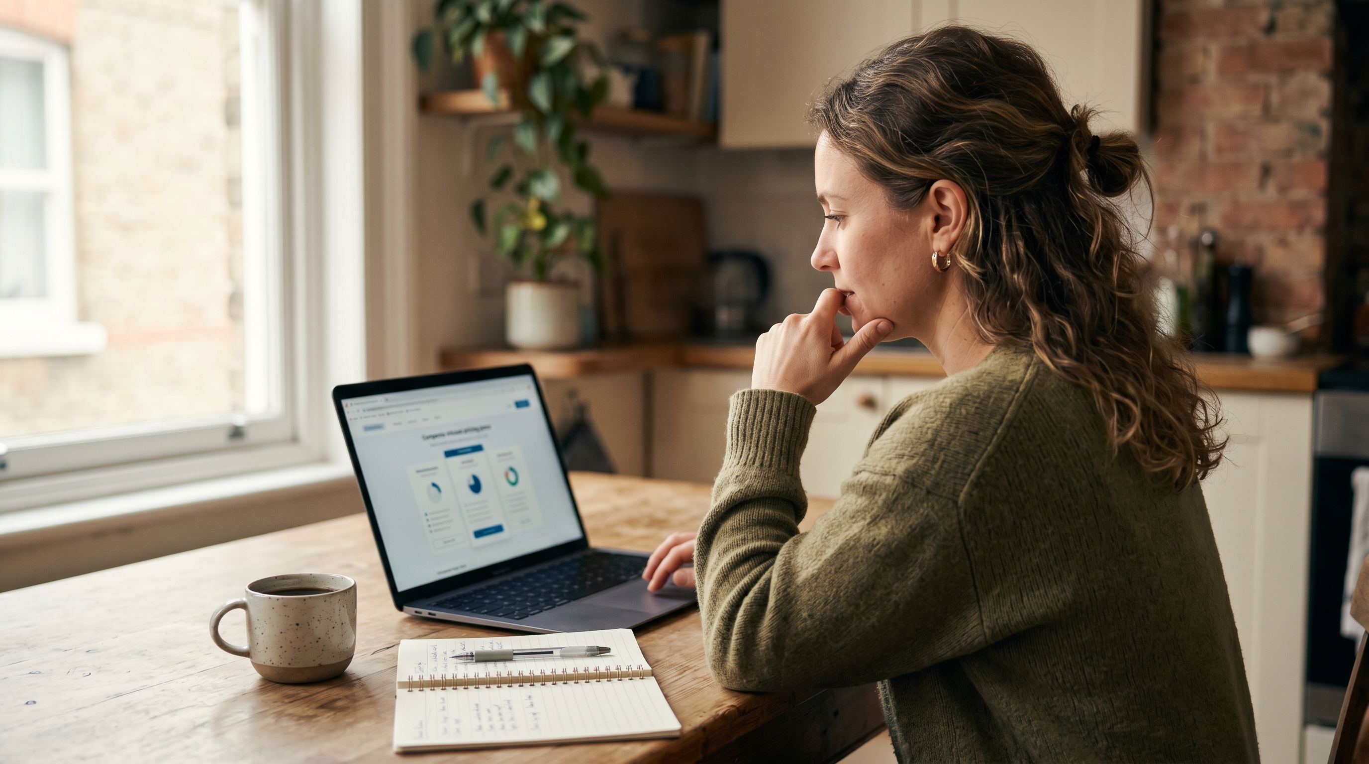 Small business owner comparing pricing plans on a laptop at a kitchen table with a notebook and coffee