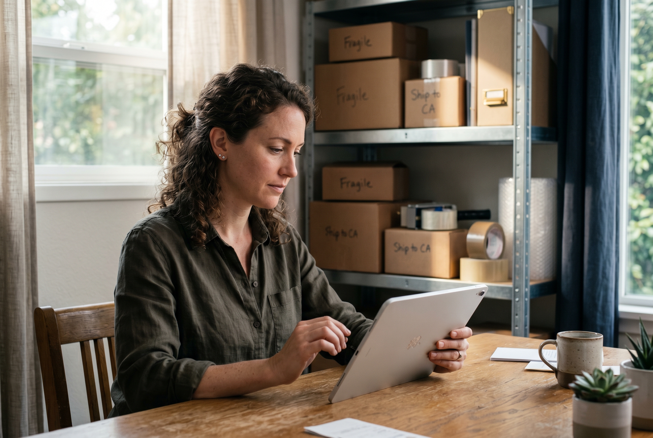 Founder reviewing a payment processing statement on a tablet in a small home office with shipping supplies nearby