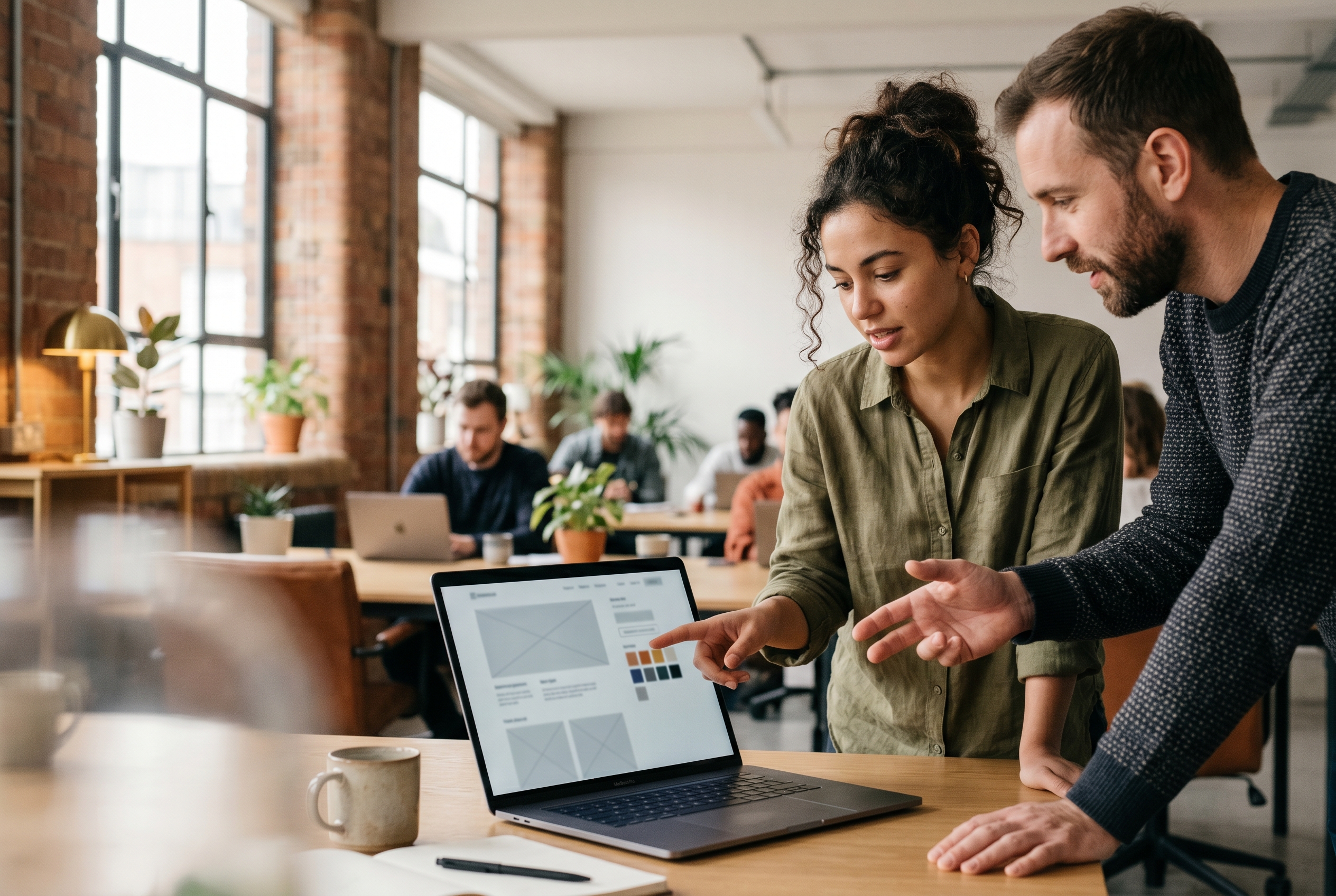 Two people pointing at a laptop screen reviewing a new online store design in a bright coworking space