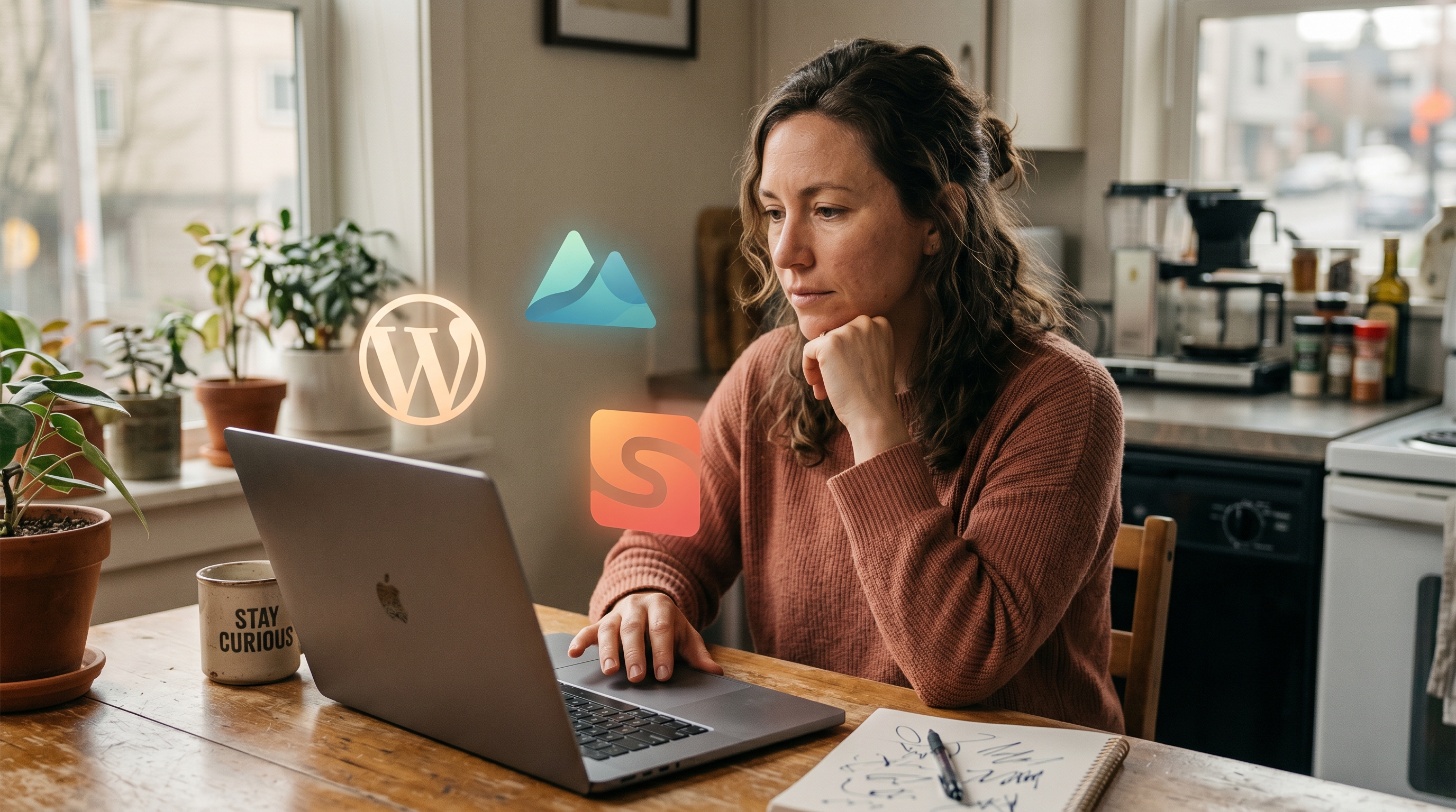 Small business owner sitting at a kitchen table choosing between three glowing website builder logos floating above a laptop