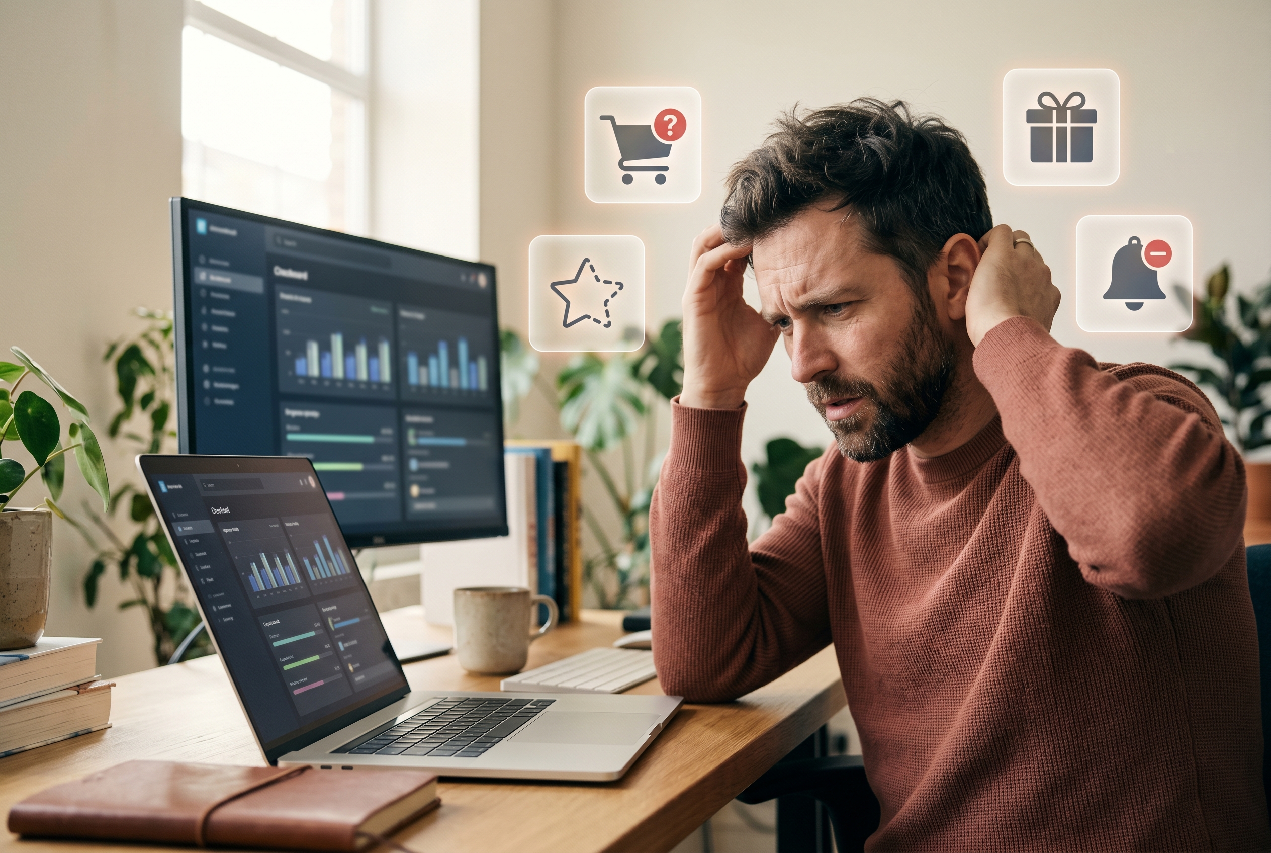 Frustrated merchant looking at a checkout screen surrounded by floating icons of missing features like abandoned cart and wishlist