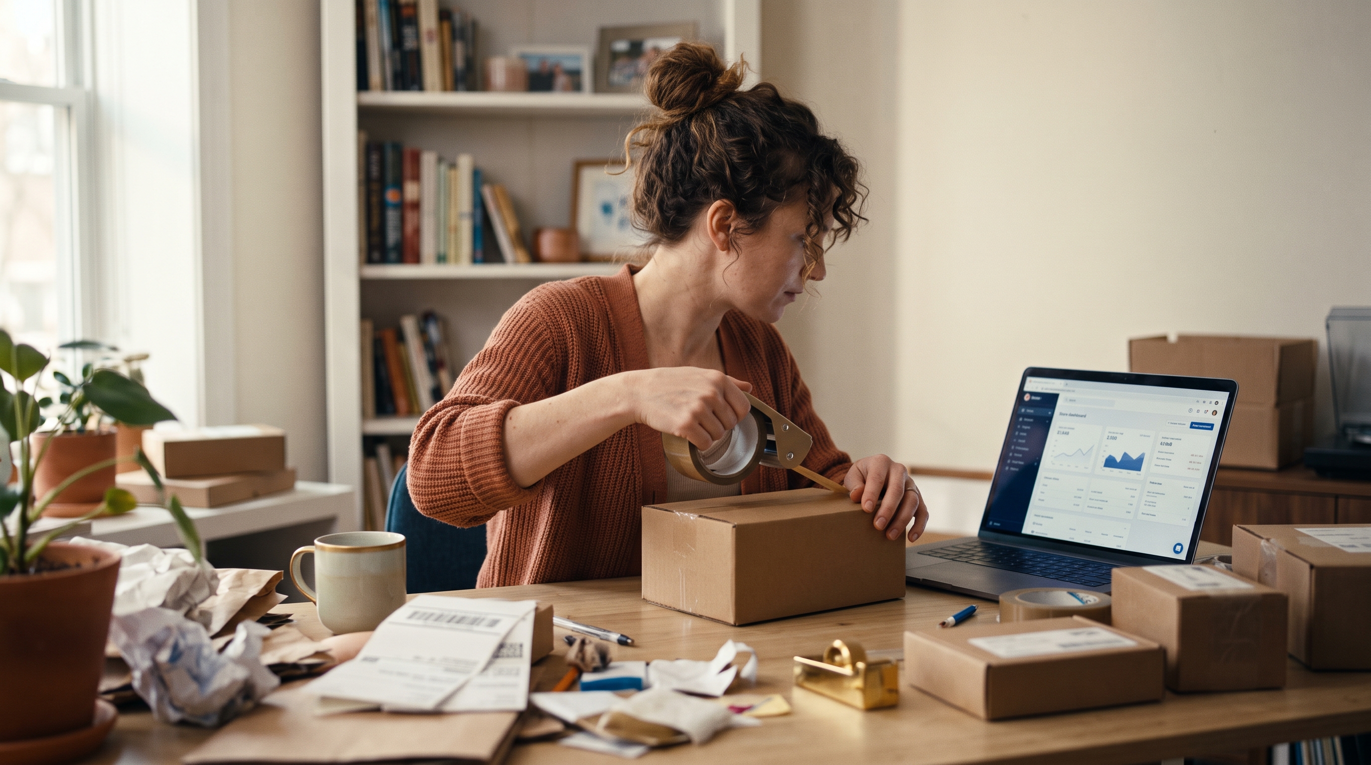 Small business owner packing orders at a cluttered home desk with a laptop open to a store dashboard
