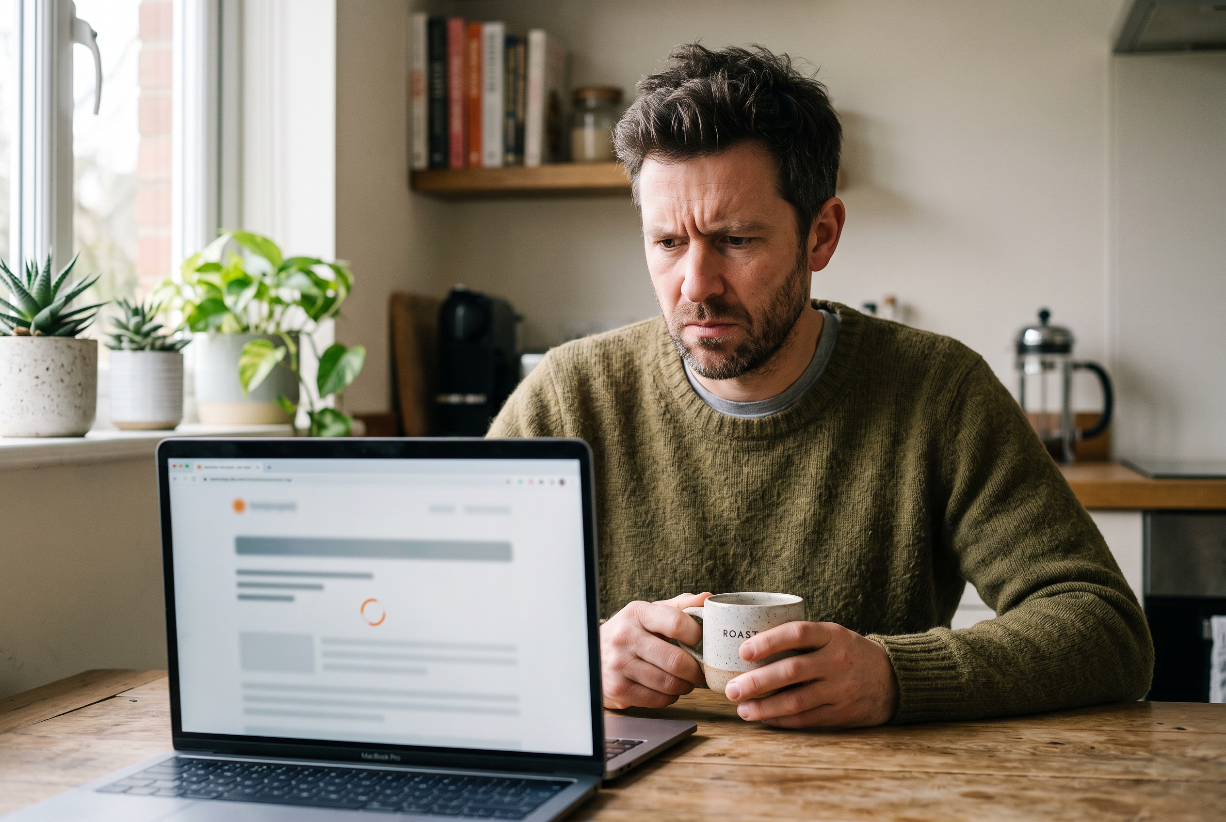 Founder frowning at a laptop showing a slow-loading mobile store while holding a coffee mug at a kitchen table
