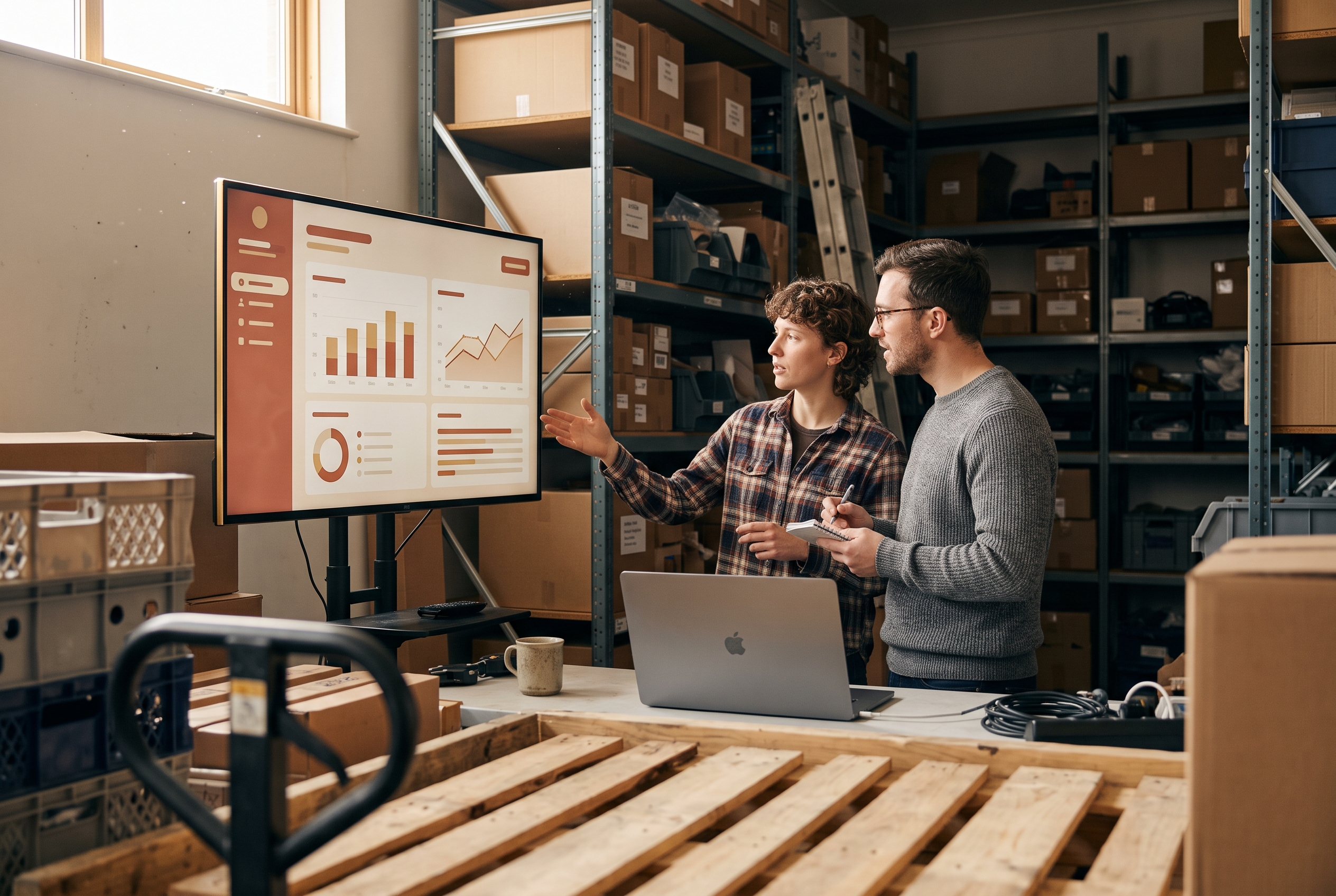 Two colleagues reviewing sales charts on a large monitor in a small warehouse with shelves of inventory behind them