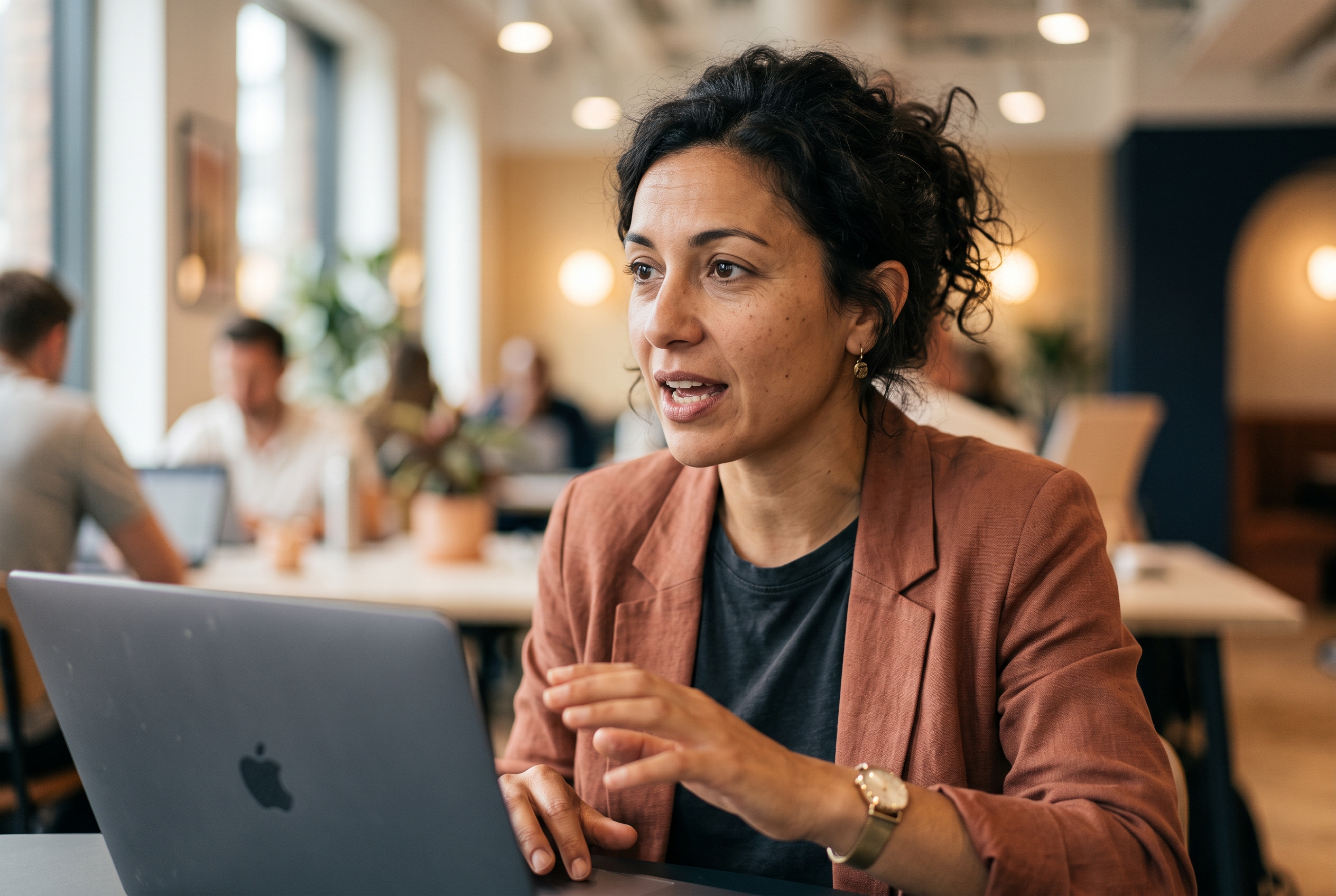 Entrepreneur describing her product ideas out loud while typing on a laptop at a bright co-working desk