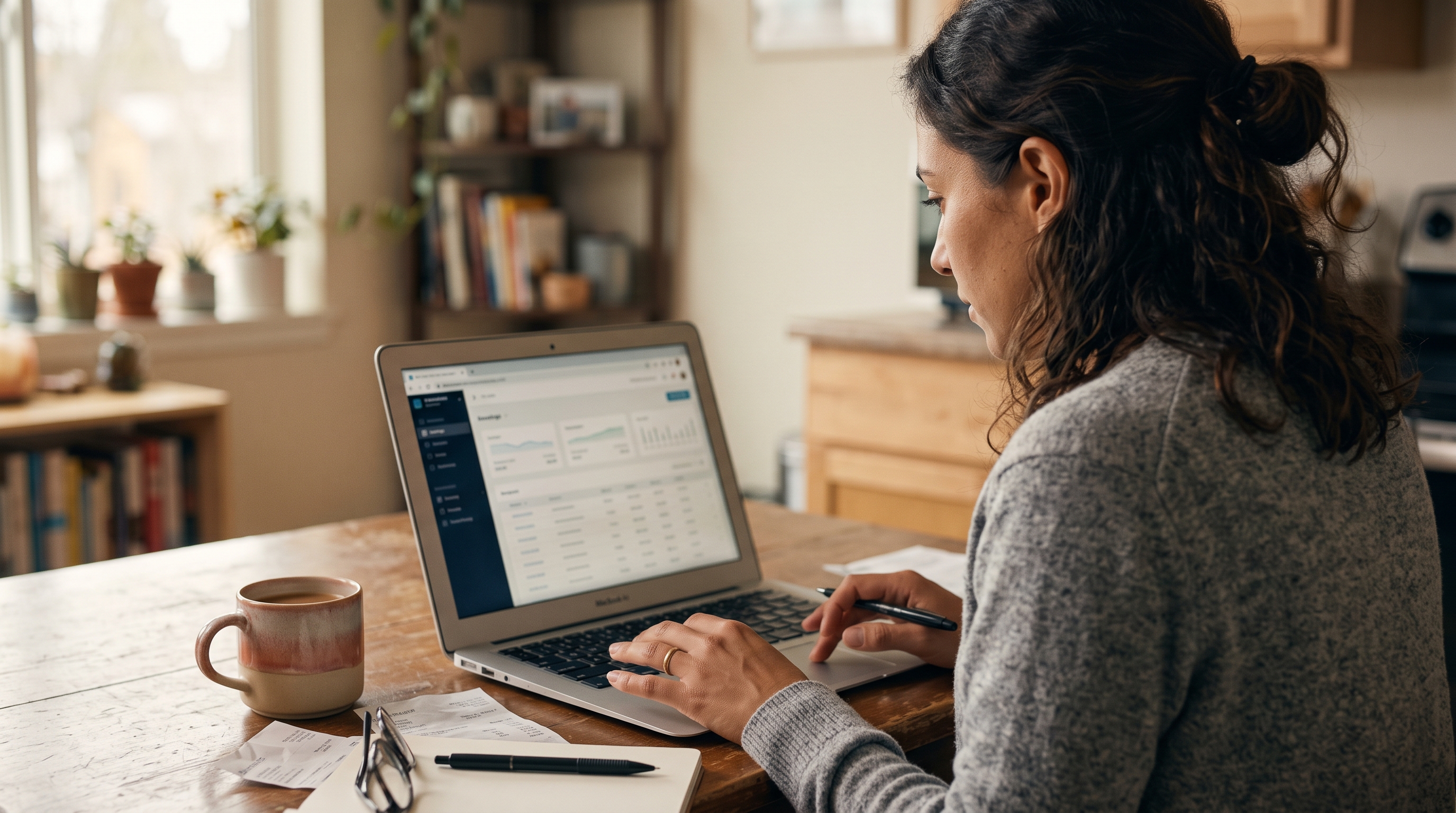 Small business owner reviewing subscription invoices on a laptop at a kitchen table with a coffee mug nearby