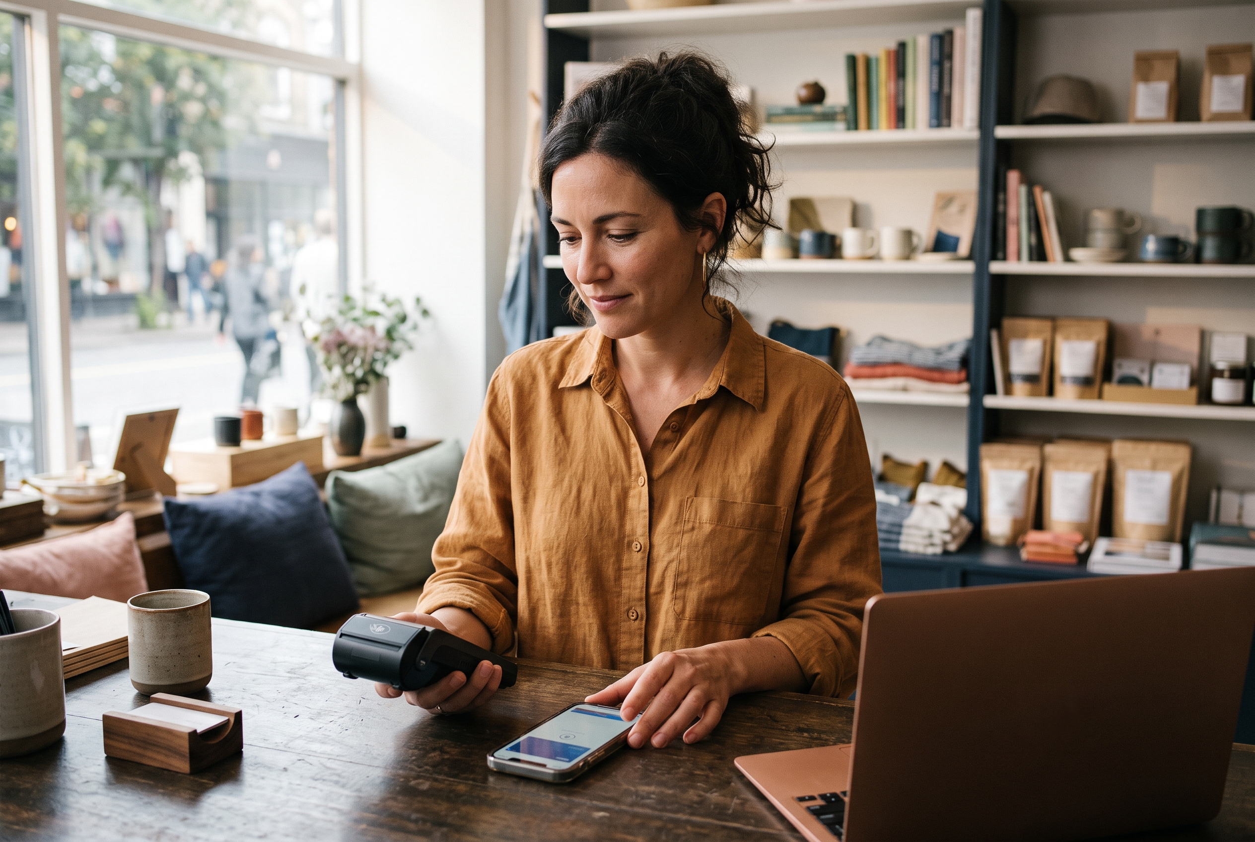 Shop owner checking a payment terminal and phone at the counter of a small retail store with products on shelves behind