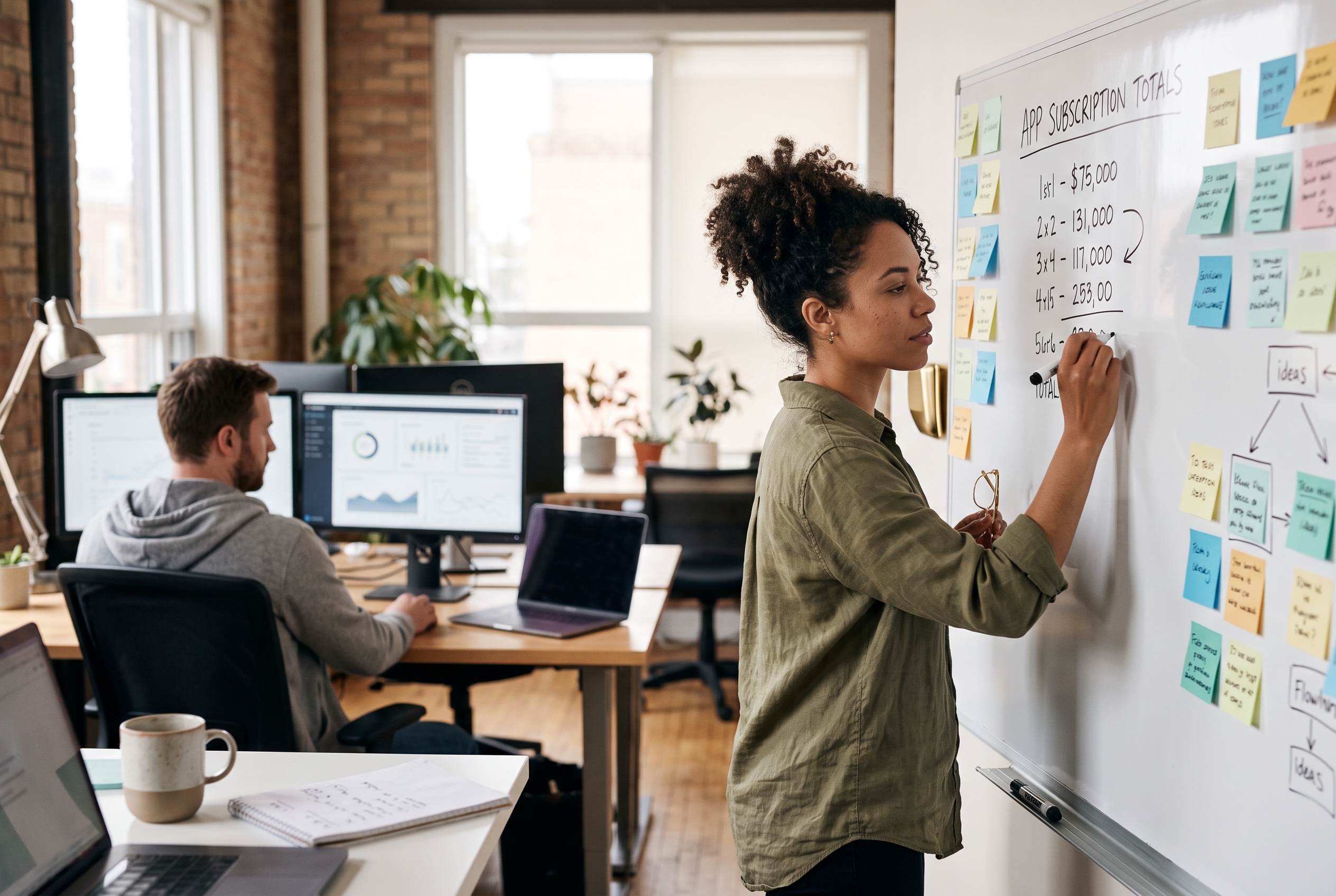 Founder writing app subscription totals on a whiteboard in a small startup office with sticky notes around the edges