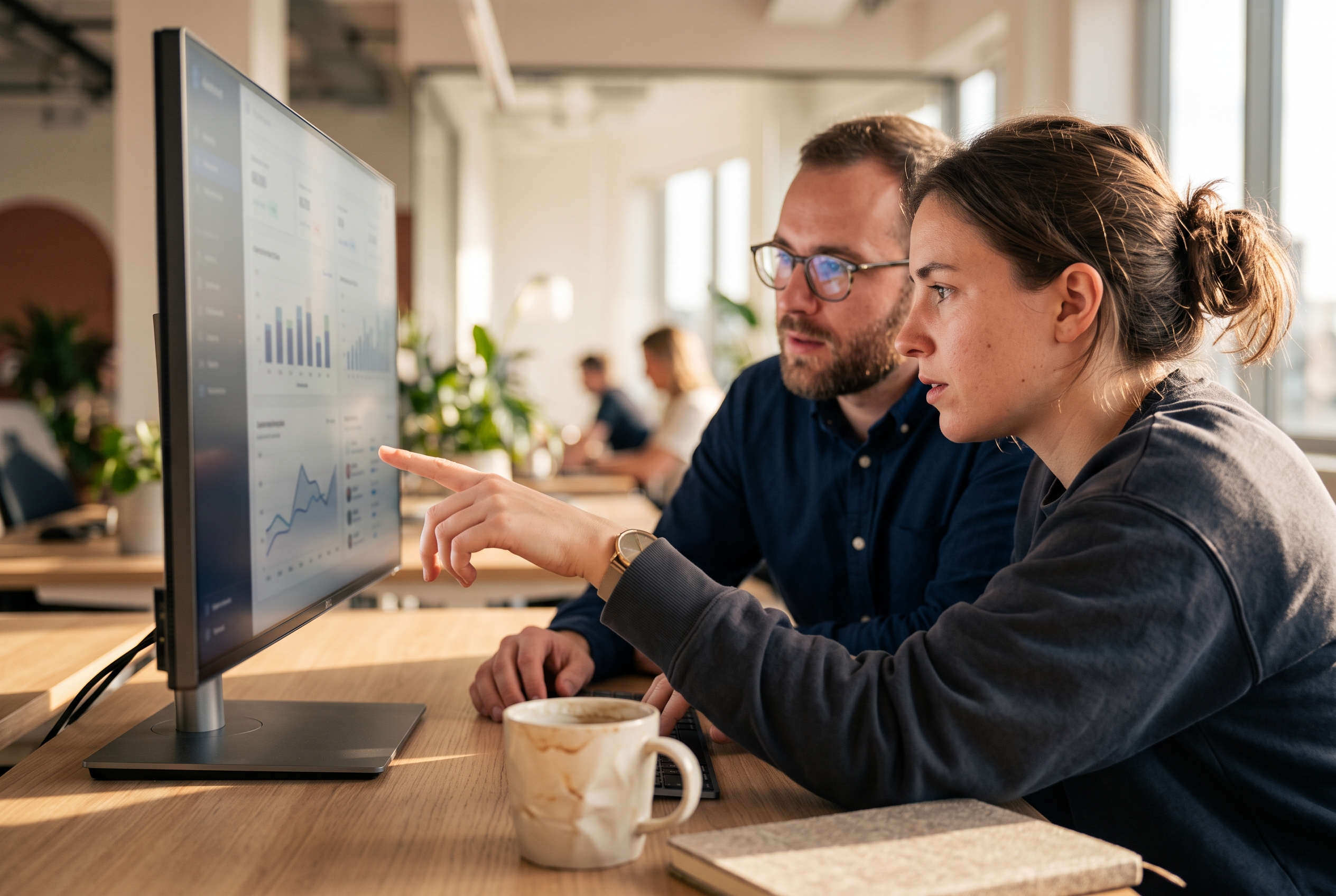 Two founders comparing store dashboards side by side on a wide monitor in a bright modern office in the afternoon
