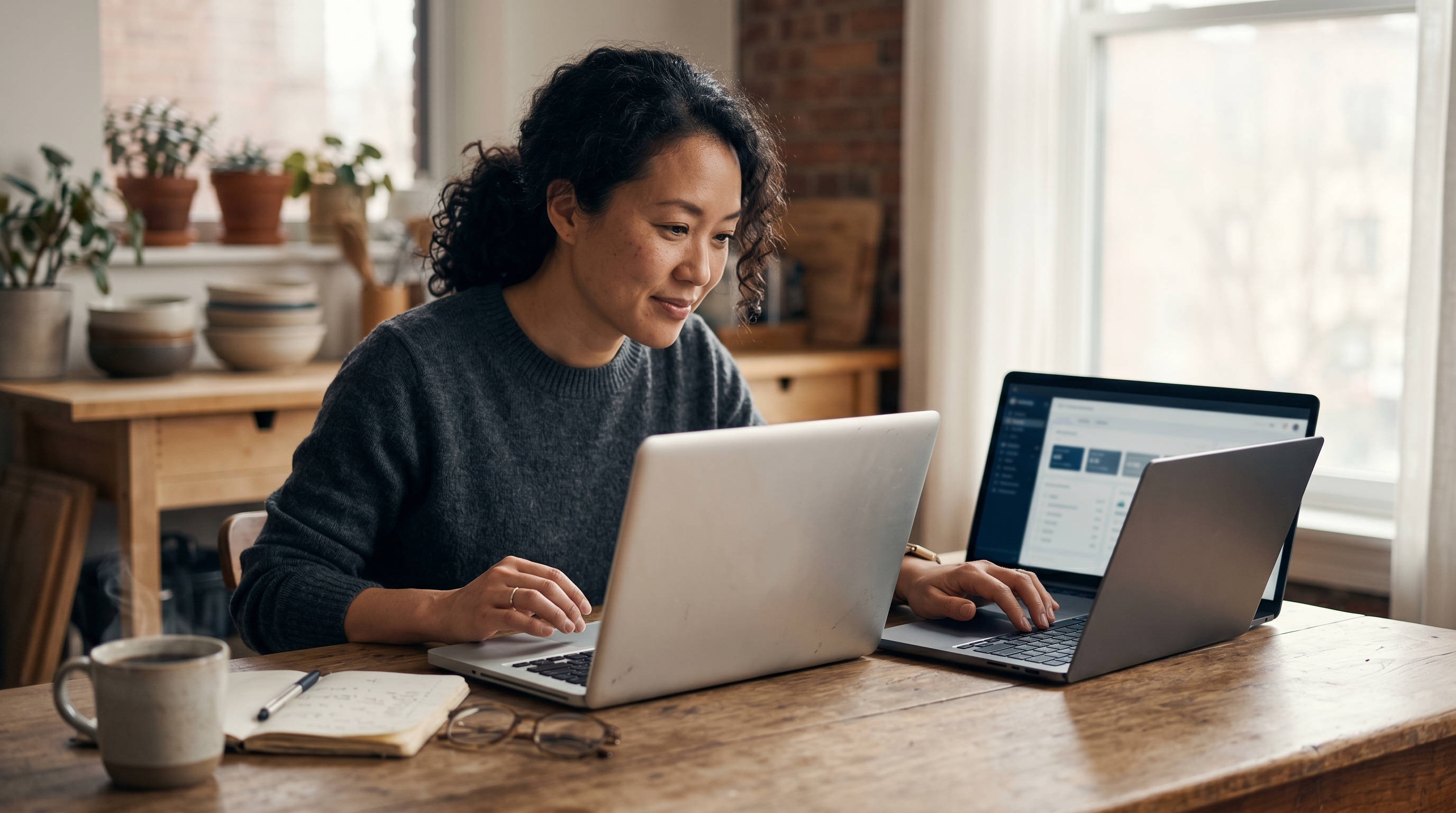 Small business owner comparing two laptops side by side at a kitchen table with coffee and a notebook