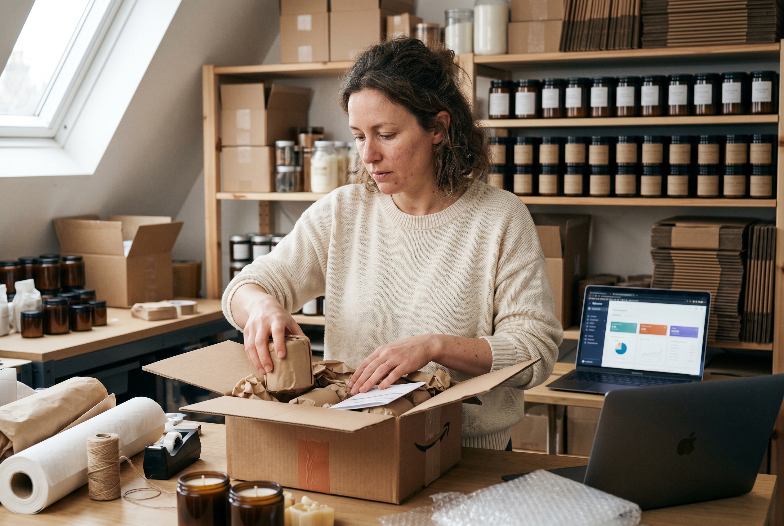 Founder packing handmade candles into shipping boxes in a small home studio with shelves of inventory behind her